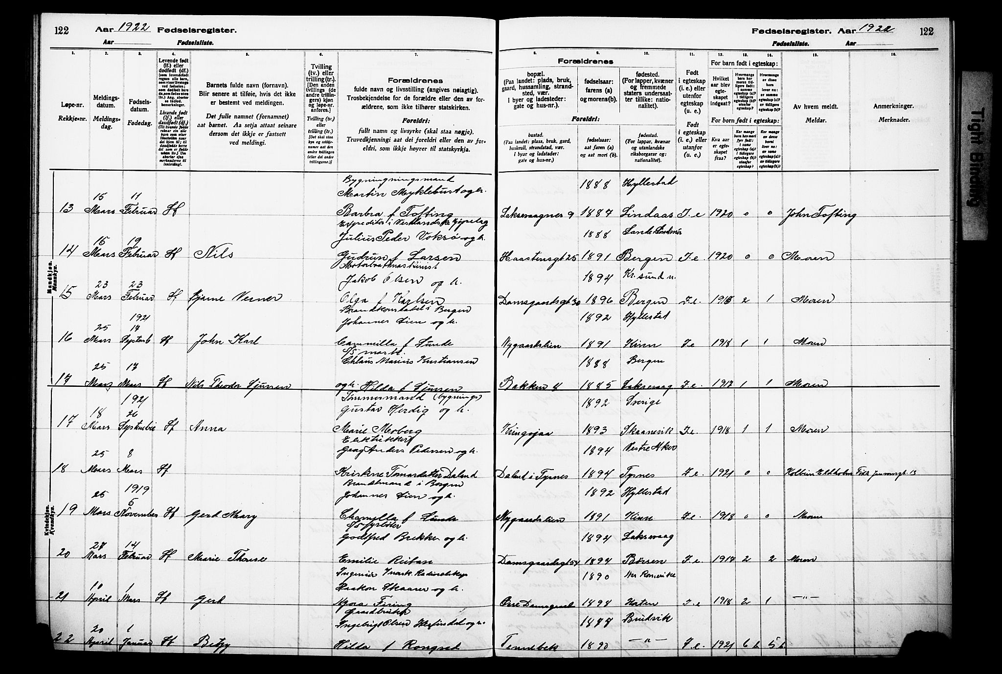 Laksevåg Sokneprestembete, AV/SAB-A-76501/I/Id/L00A1: Fødselsregister nr. A 1, 1916-1926, s. 122