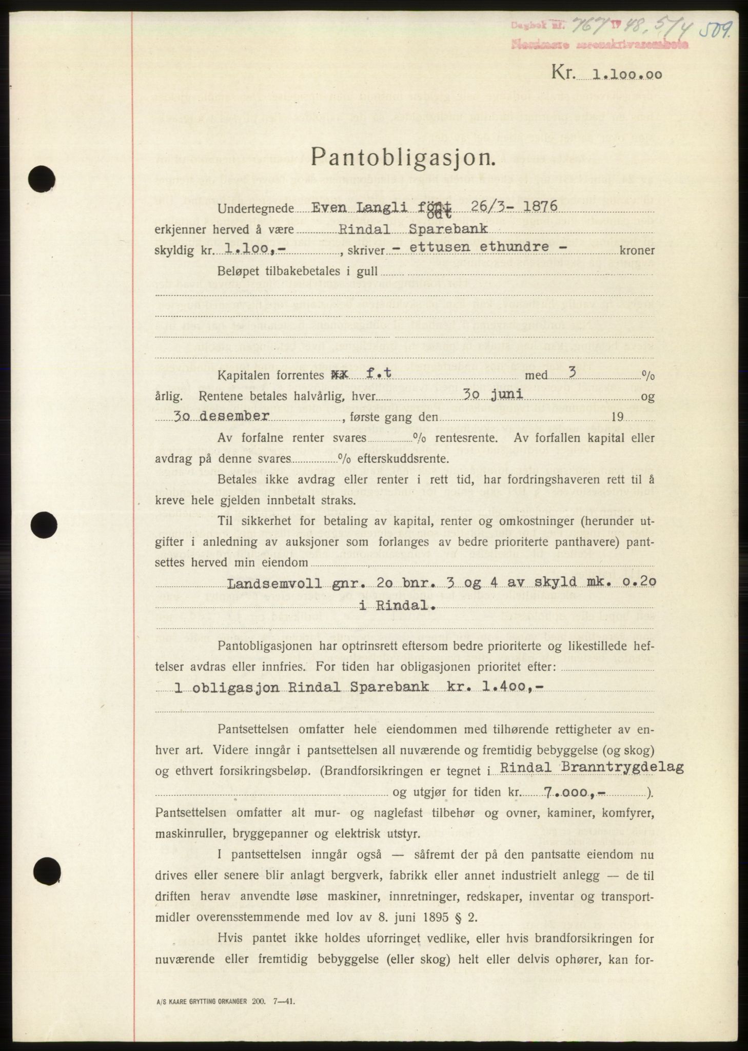 Nordmøre sorenskriveri, SAT/A-4132/1/2/2Ca: Pantebok nr. B98, 1948-1948, Dagboknr: 767/1948