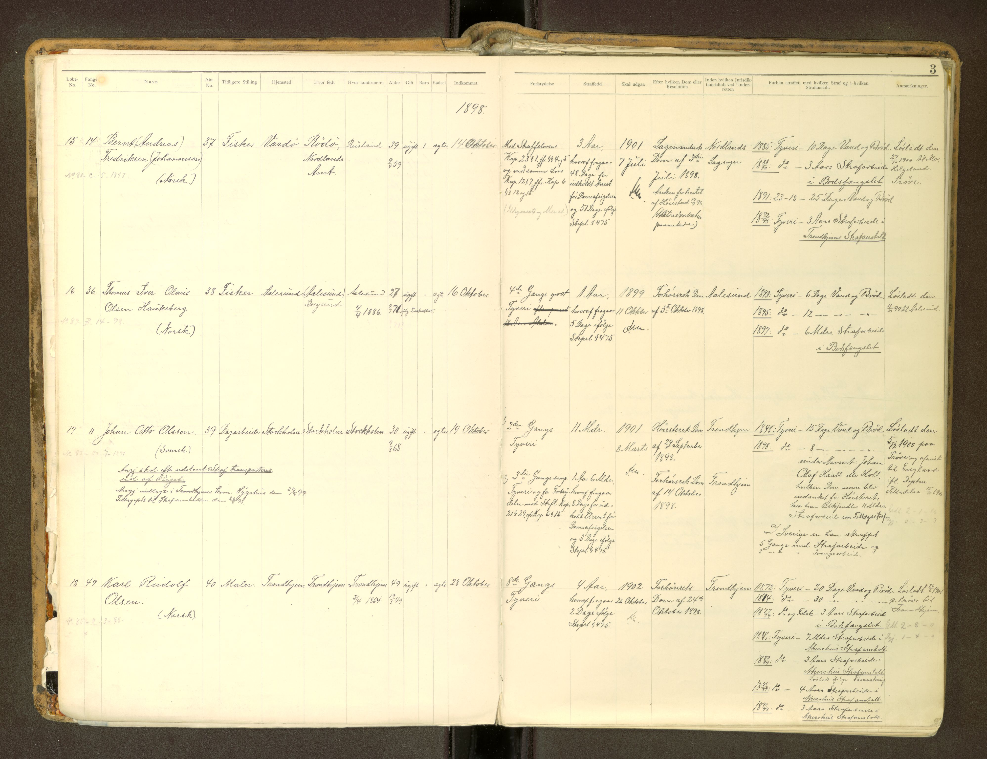 Trondheim tukthus, SAT/A-4619/05/65/L0037: 65.37 Fangeprotokoll m/reg, 1898-1914, s. 3