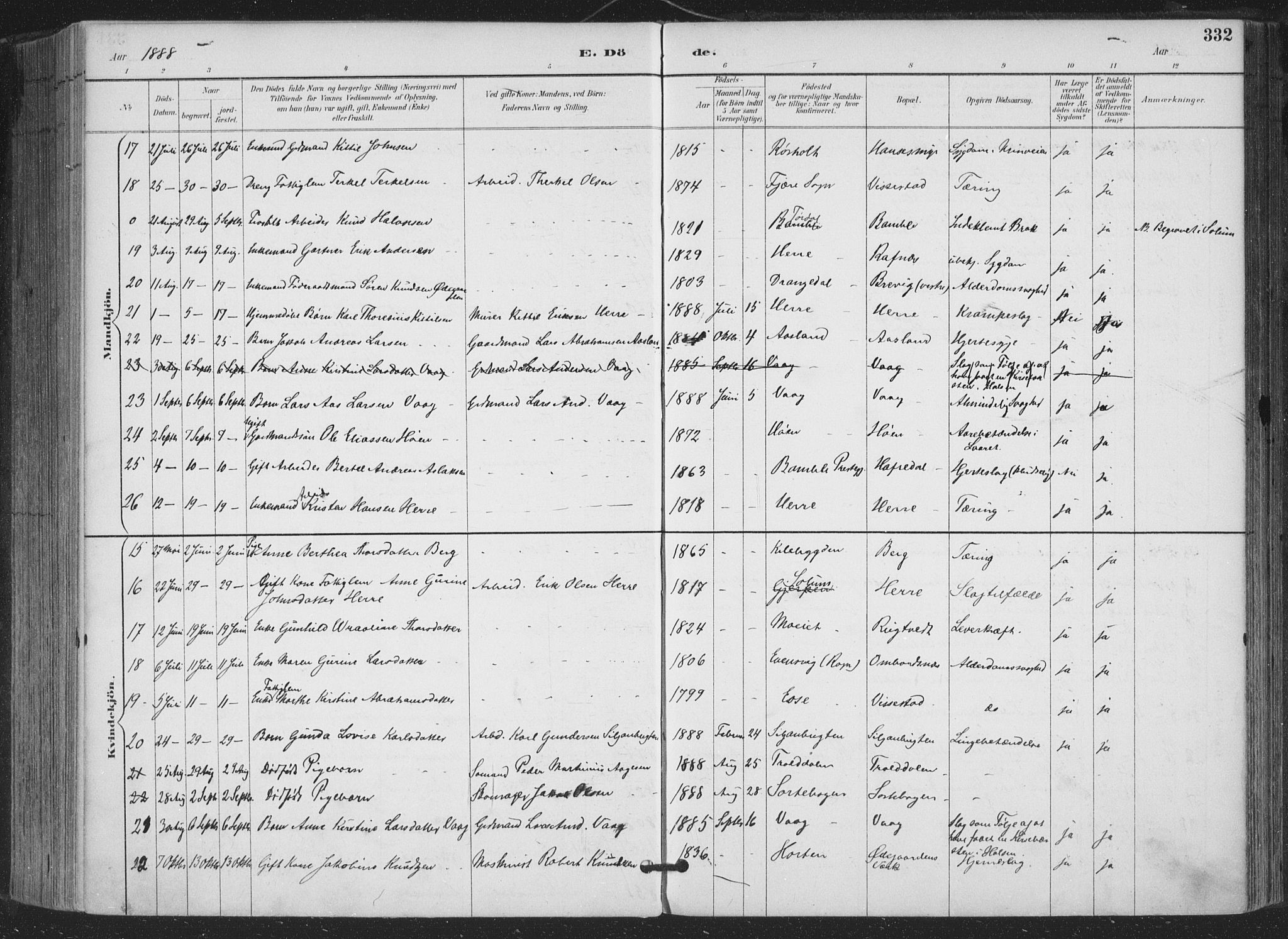 Bamble kirkebøker, AV/SAKO-A-253/F/Fa/L0008: Ministerialbok nr. I 8, 1888-1900, s. 332