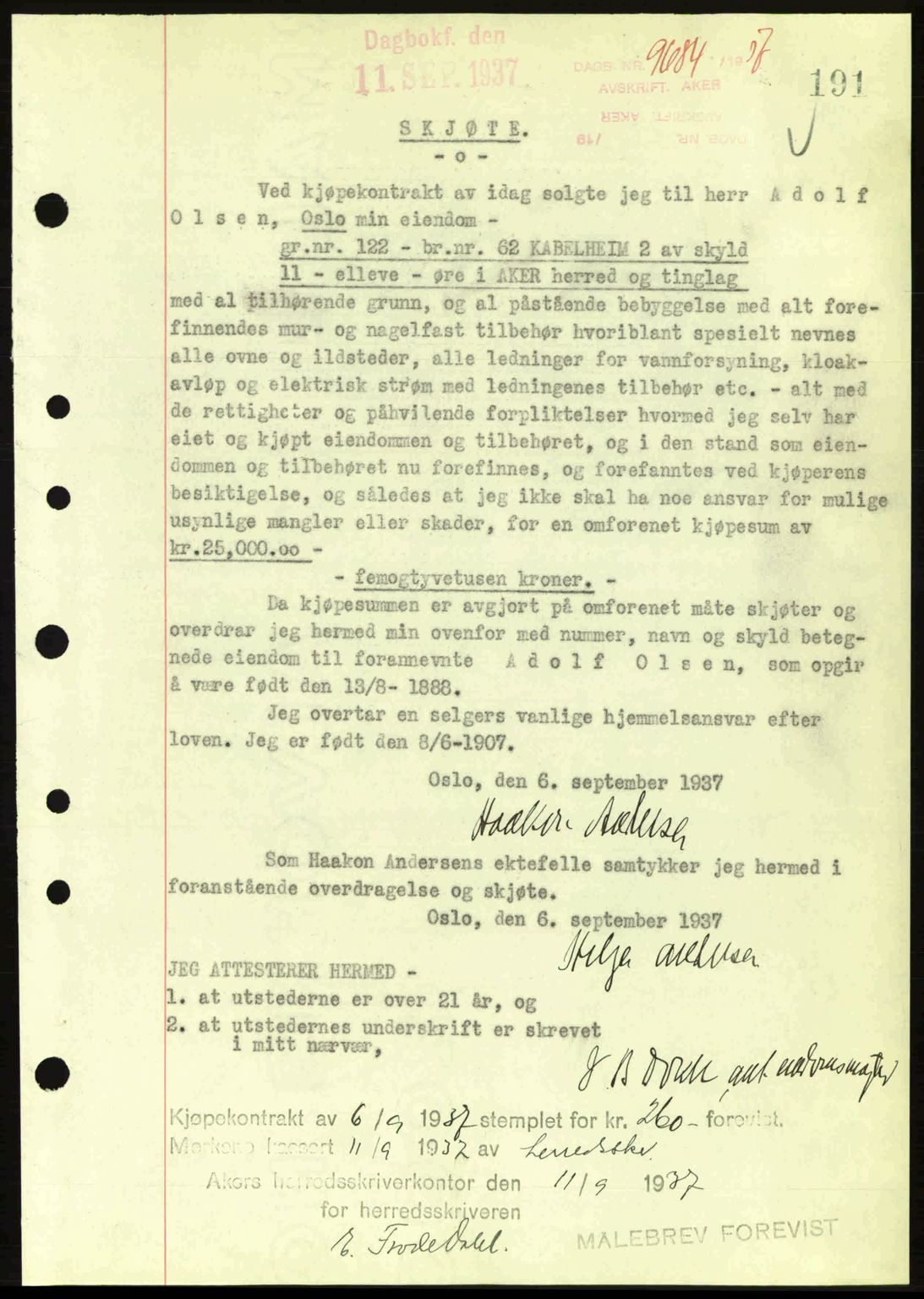 Aker herredsskriveri, SAO/A-10896/G/Gb/Gba/Gbab/L0017: Pantebok nr. A148, 1937-1937, Dagboknr: 9684/1937