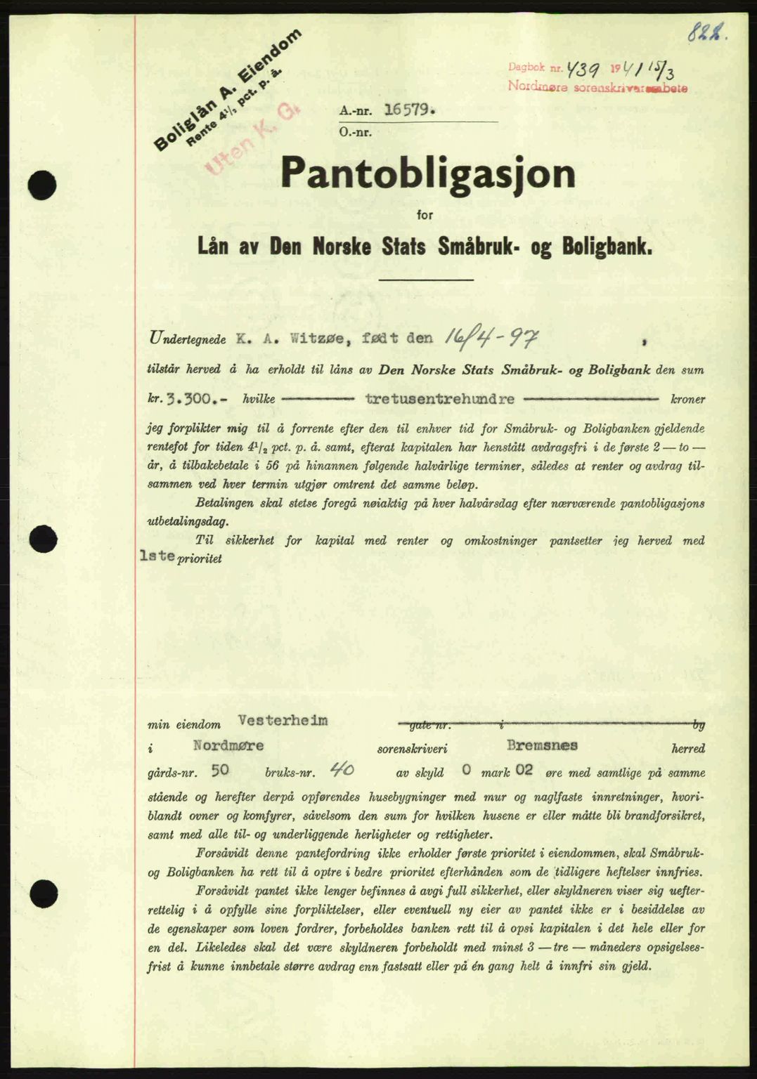 Nordmøre sorenskriveri, AV/SAT-A-4132/1/2/2Ca: Pantebok nr. B87, 1940-1941, Dagboknr: 439/1941