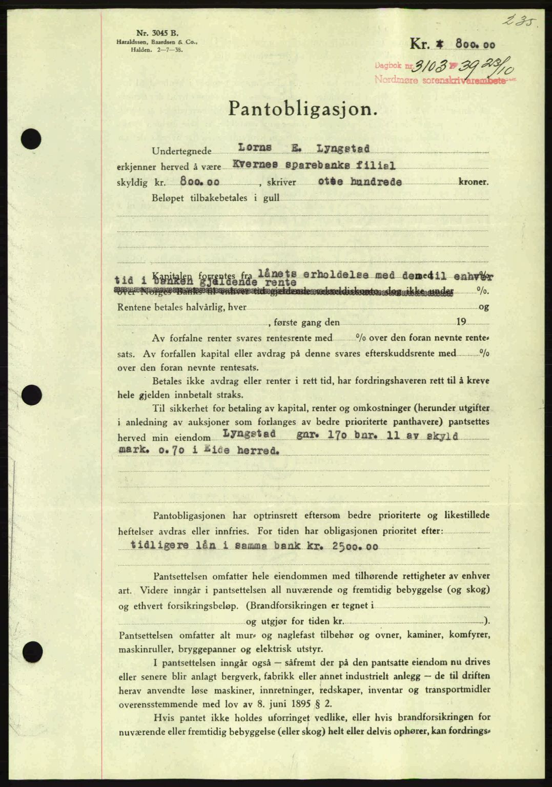 Nordmøre sorenskriveri, AV/SAT-A-4132/1/2/2Ca: Pantebok nr. B86, 1939-1940, Dagboknr: 3103/1939