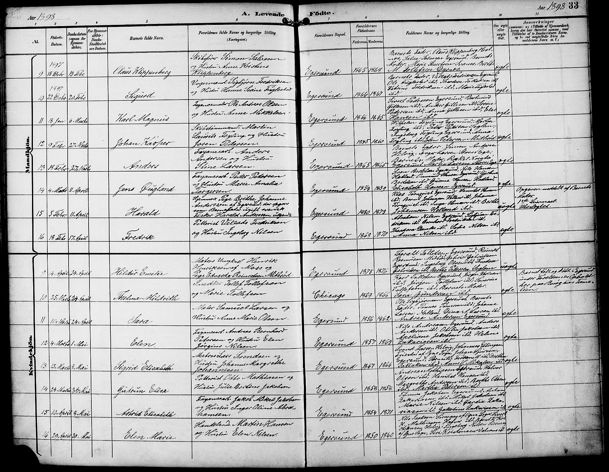 Eigersund sokneprestkontor, AV/SAST-A-101807/S09/L0010: Klokkerbok nr. B 10, 1893-1907, s. 33