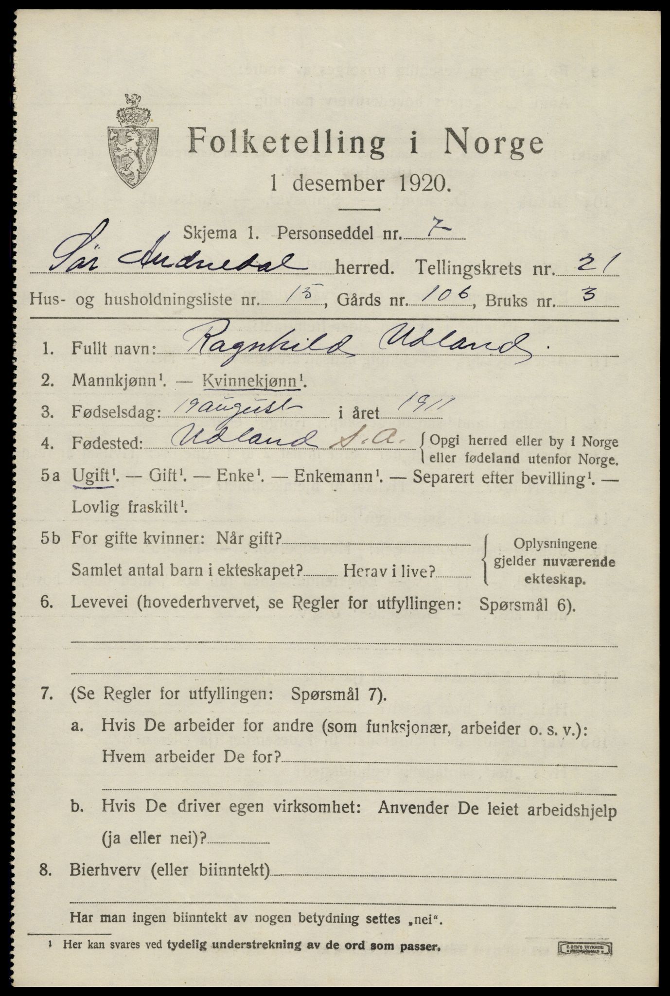 SAK, Folketelling 1920 for 1029 Sør-Audnedal herred, 1920, s. 7033
