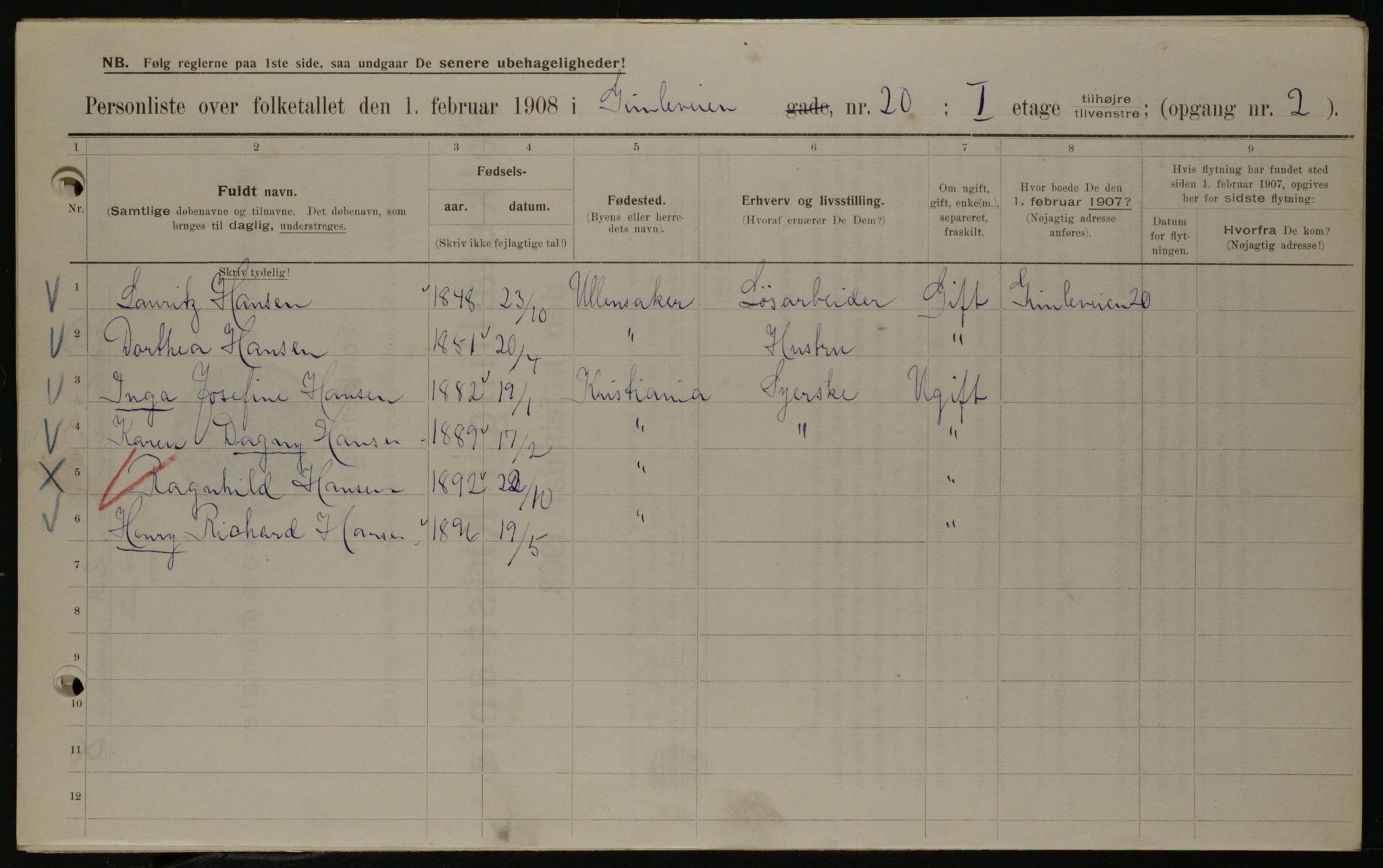 OBA, Kommunal folketelling 1.2.1908 for Kristiania kjøpstad, 1908, s. 26278