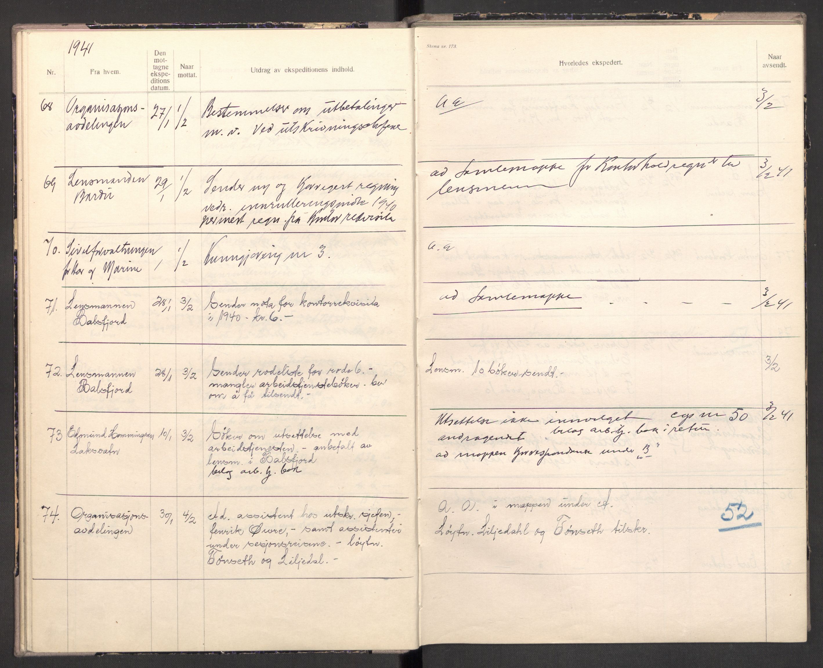 Norges arbeidstjeneste, AV/RA-S-5014/C/Ca/L0001: Journal for utskrivning Nordland og Troms, 1940-1942, s. 30