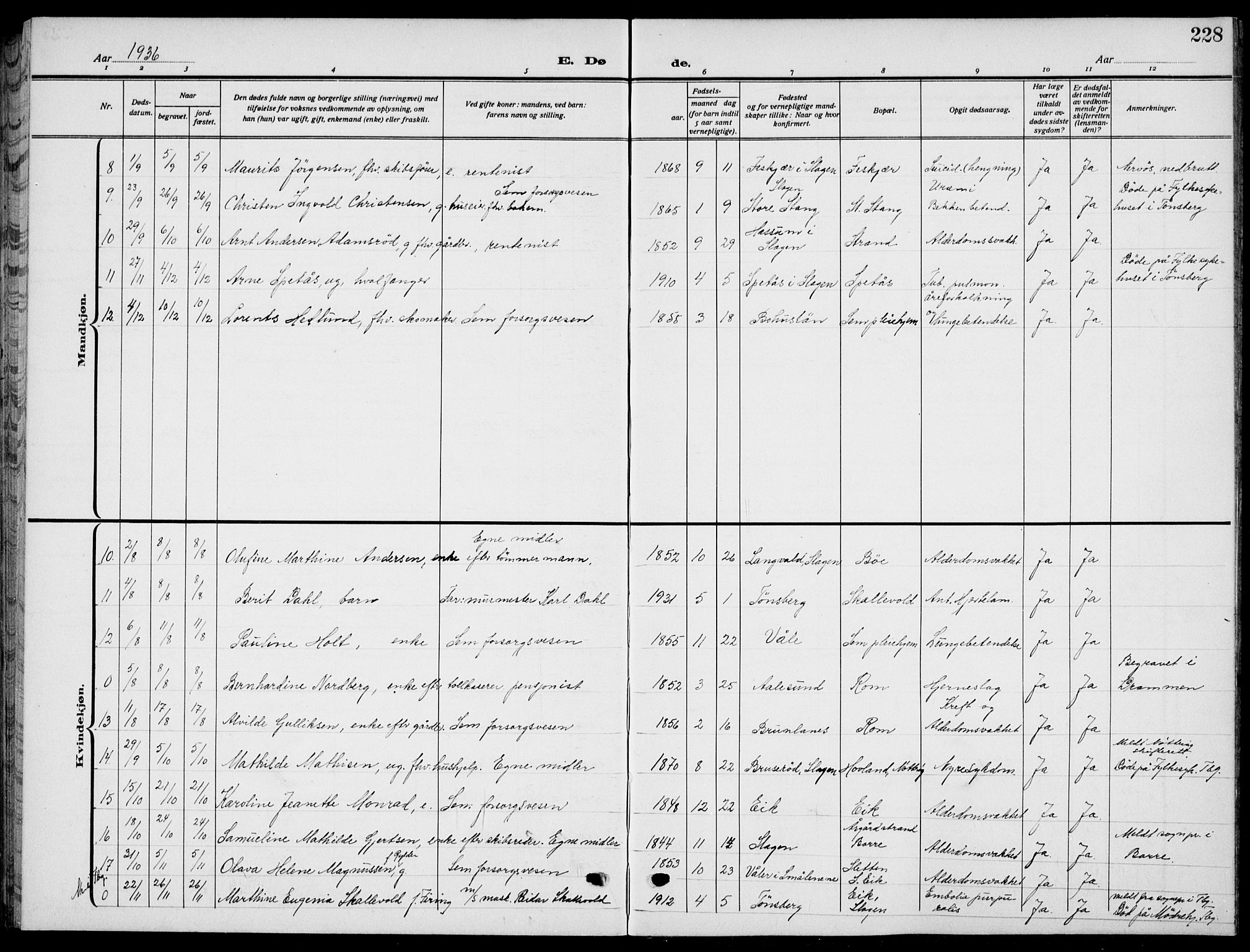Sem kirkebøker, AV/SAKO-A-5/G/Gb/L0004: Klokkerbok nr. II 4, 1914-1937, s. 228