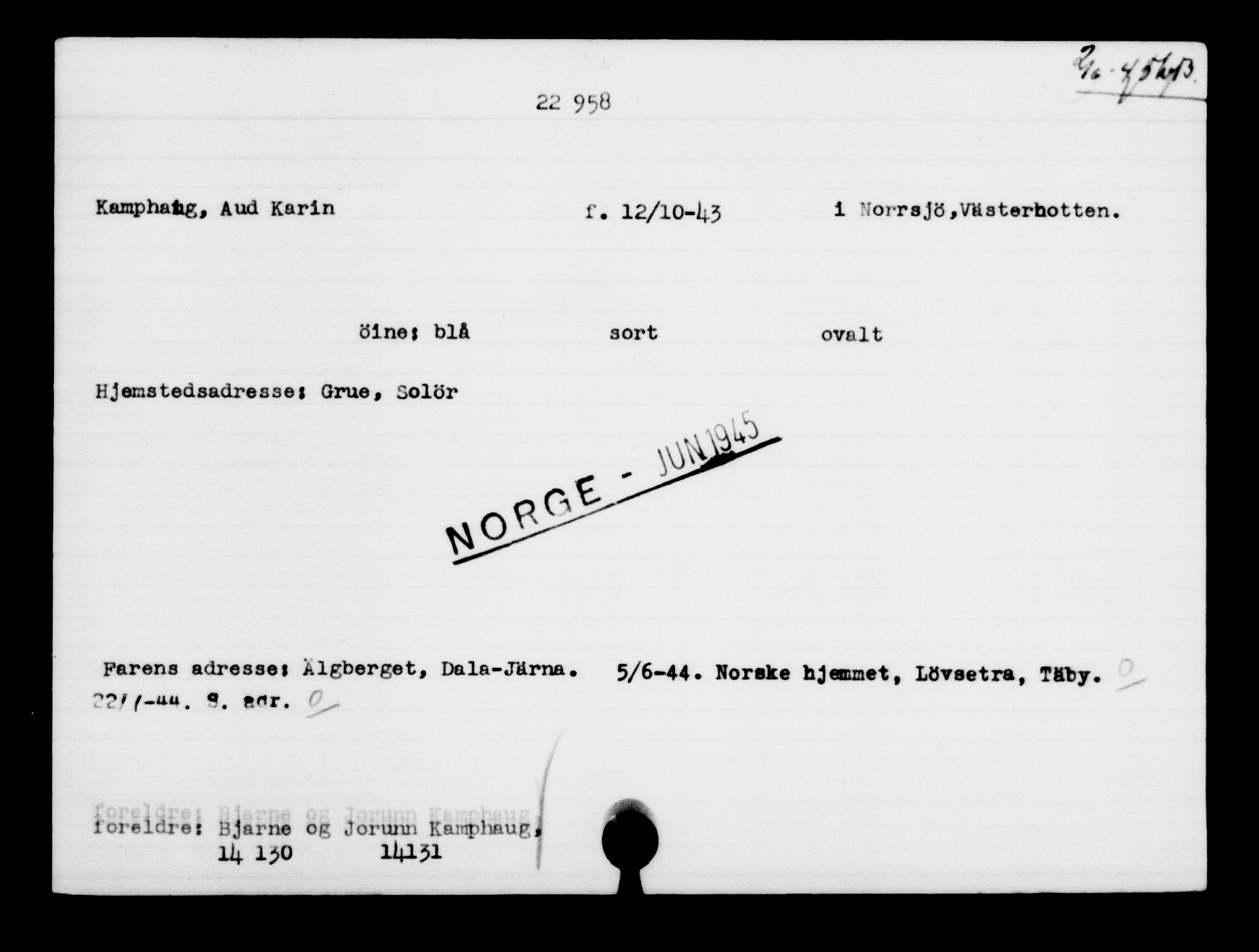 Utenriksstasjonene, Legasjonen i Stockholm, Flyktningkontoret, AV/RA-S-6753/V/Va/L0010: Kjesäterkartoteket, flyktninger med registreringsnr. 22000-25314, 1940-1945, s. 1037
