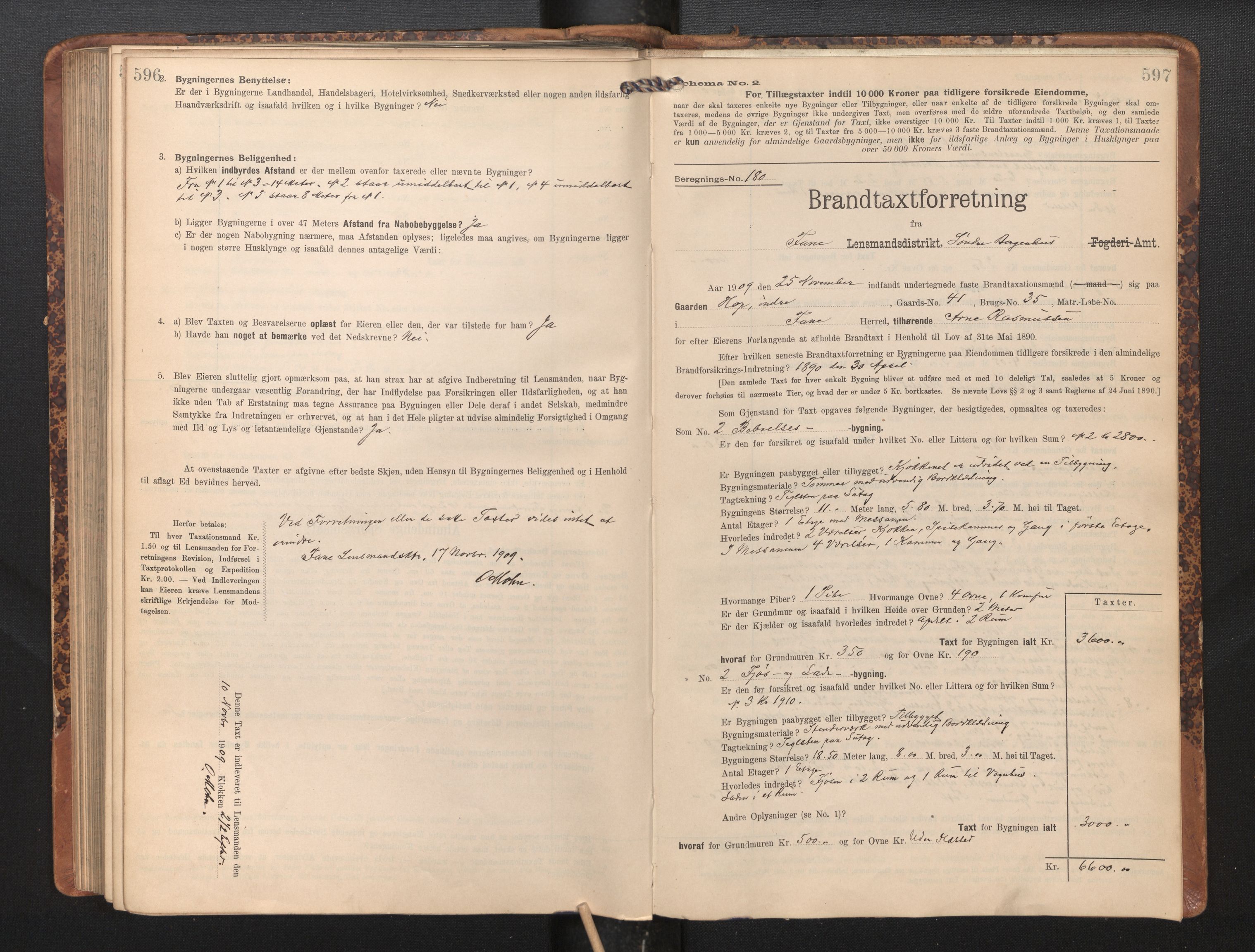 Lensmannen i Fana, AV/SAB-A-31801/0012/L0018: Branntakstprotokoll skjematakst, 1907-1910, s. 596-597