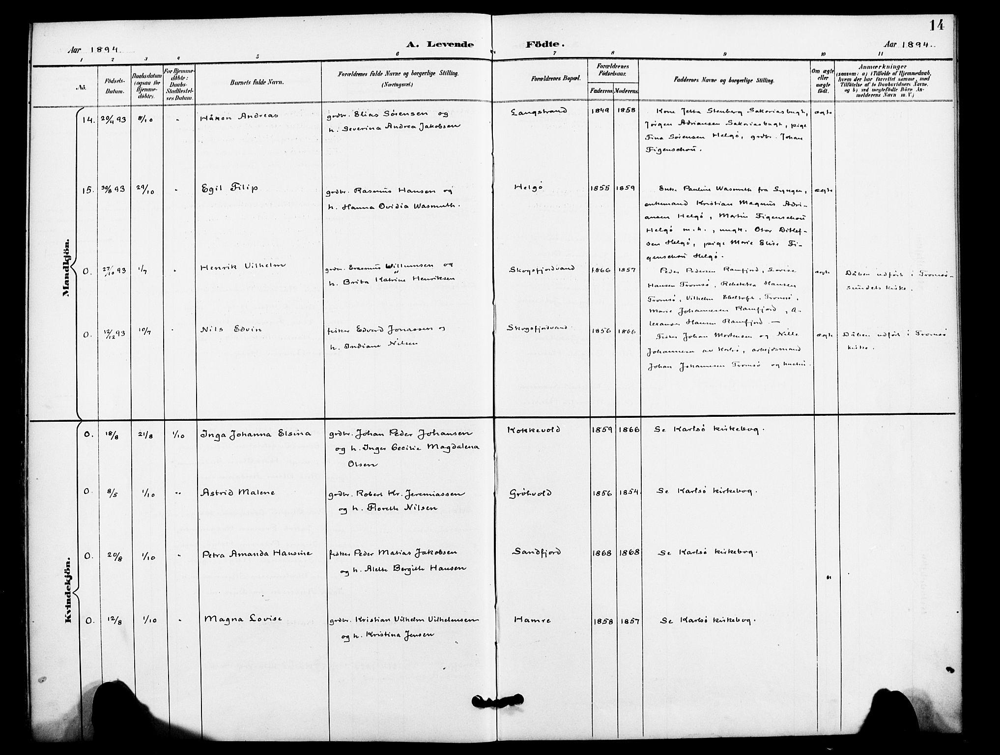 Karlsøy sokneprestembete, AV/SATØ-S-1299/H/Ha/Haa/L0012kirke: Ministerialbok nr. 12, 1892-1902, s. 14