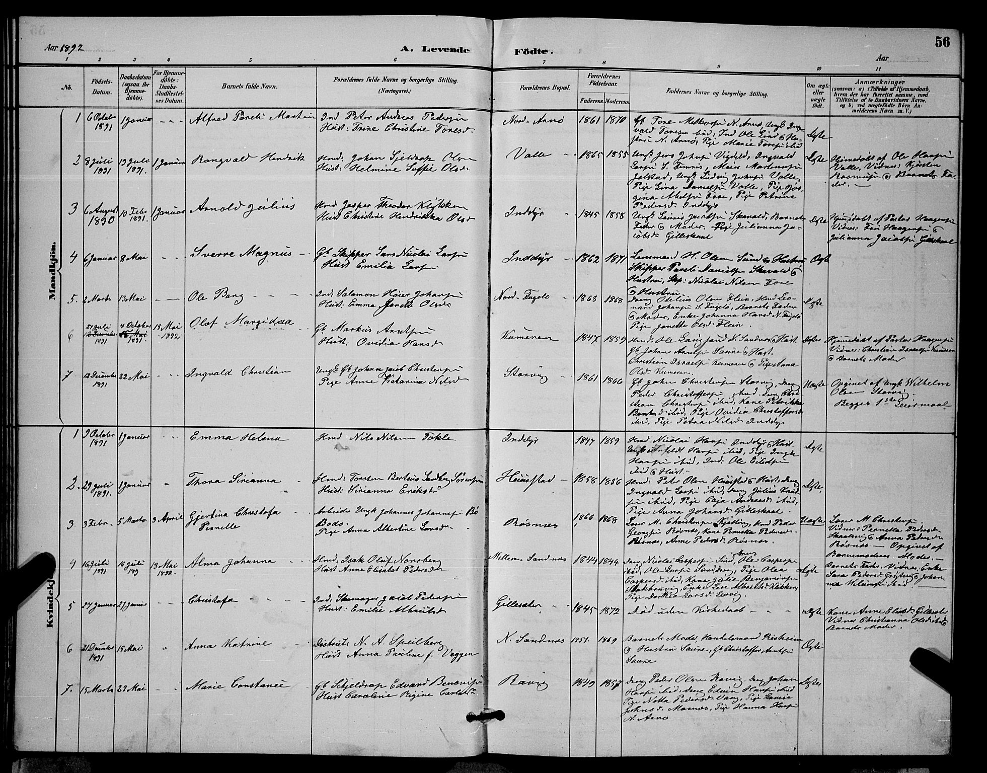 Ministerialprotokoller, klokkerbøker og fødselsregistre - Nordland, SAT/A-1459/805/L0108: Klokkerbok nr. 805C04, 1885-1899, s. 56