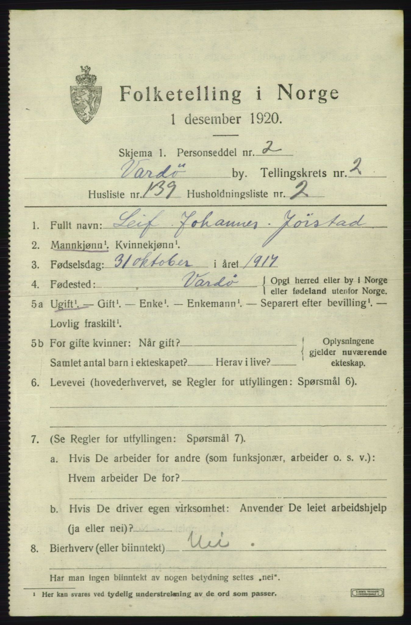SATØ, Folketelling 1920 for 2002 Vardø kjøpstad, 1920, s. 8108