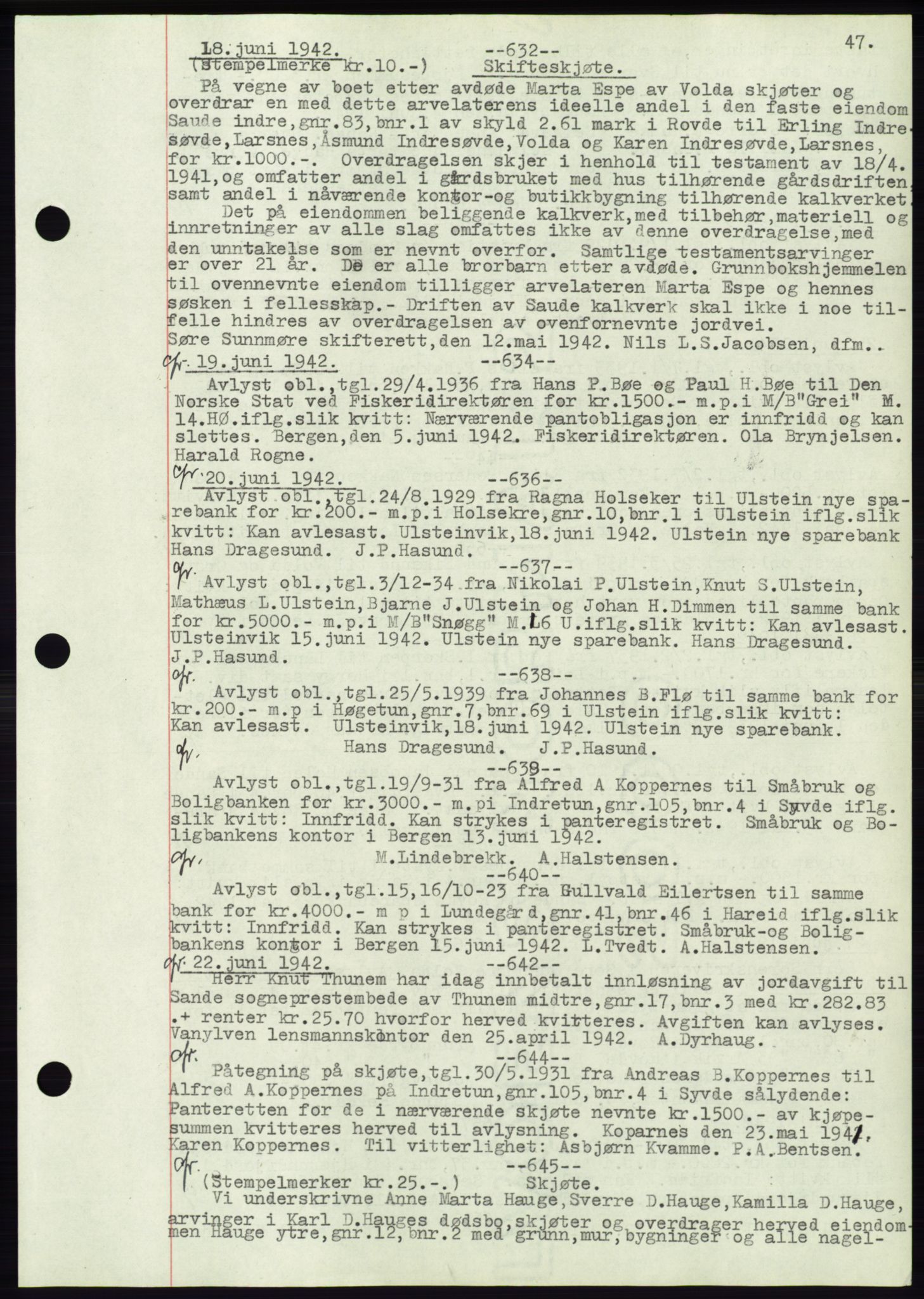 Søre Sunnmøre sorenskriveri, AV/SAT-A-4122/1/2/2C/L0072: Pantebok nr. 66, 1941-1955, Dagboknr: 632/1942