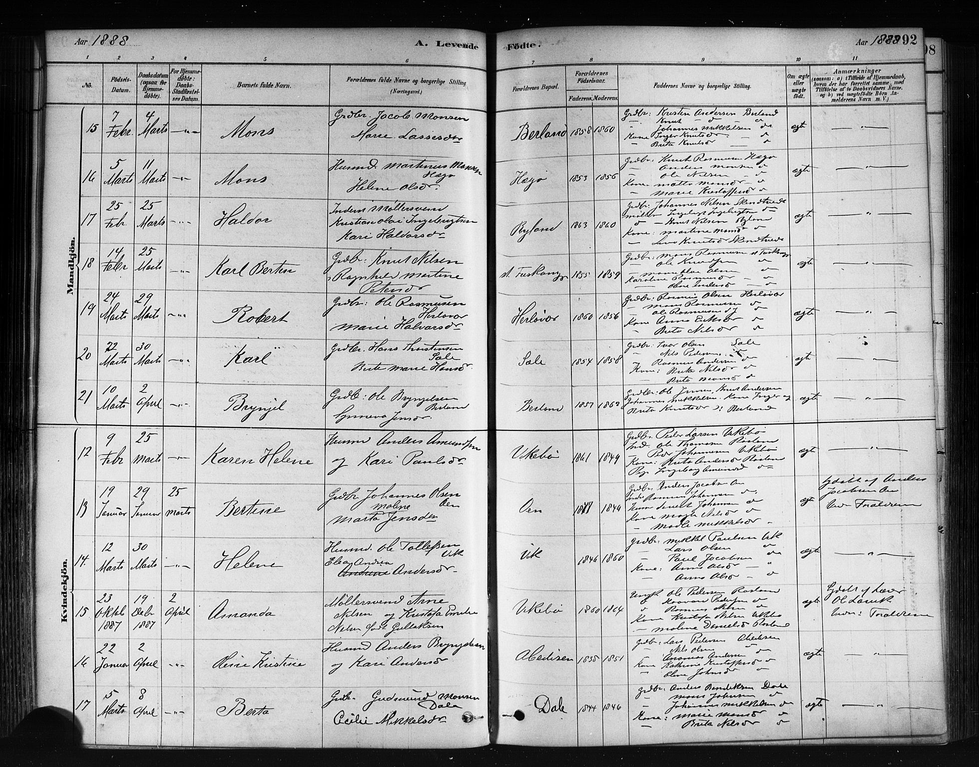 Herdla Sokneprestembete, AV/SAB-A-75701/H/Haa: Ministerialbok nr. A 3, 1878-1890, s. 92