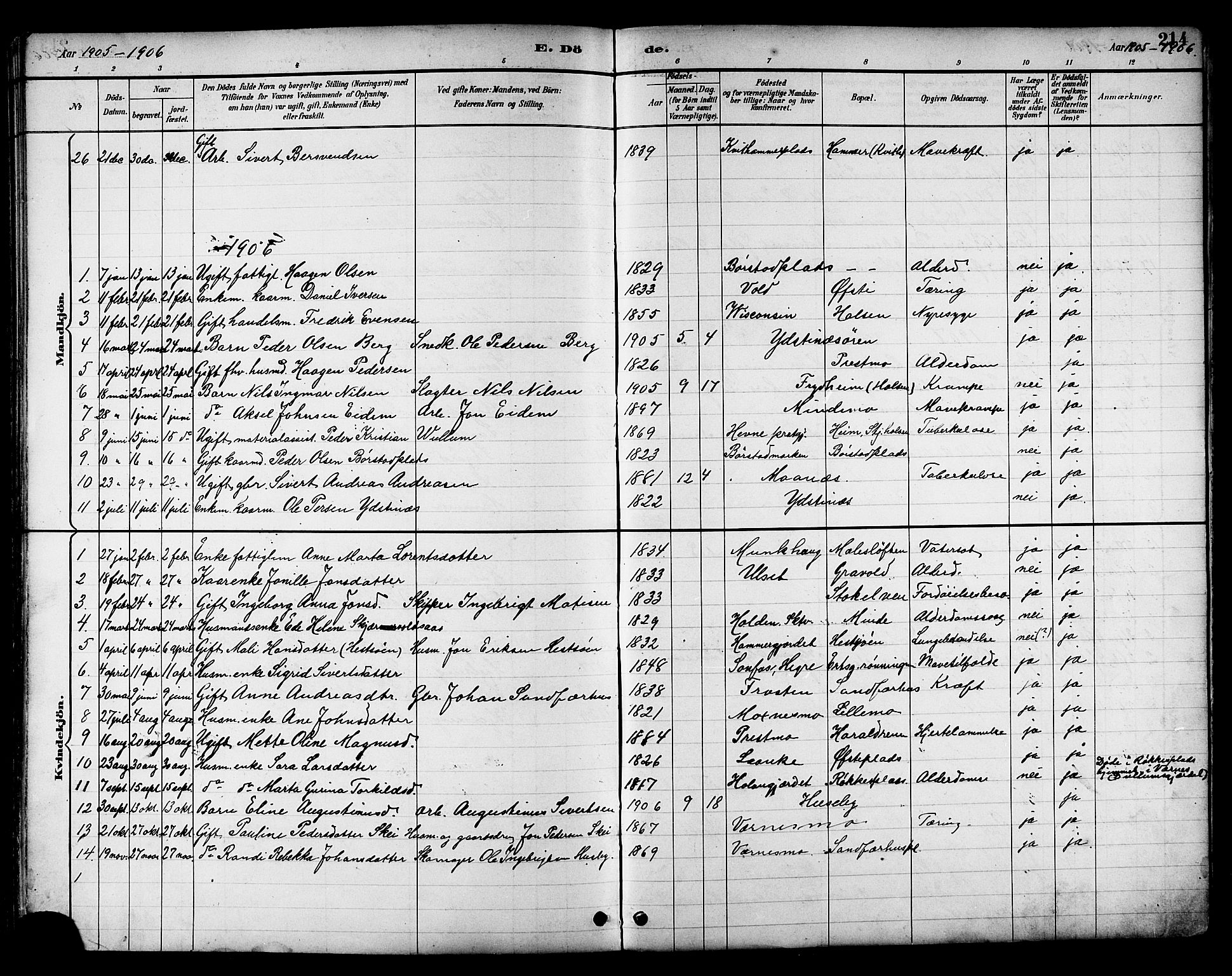 Ministerialprotokoller, klokkerbøker og fødselsregistre - Nord-Trøndelag, SAT/A-1458/709/L0087: Klokkerbok nr. 709C01, 1892-1913, s. 214