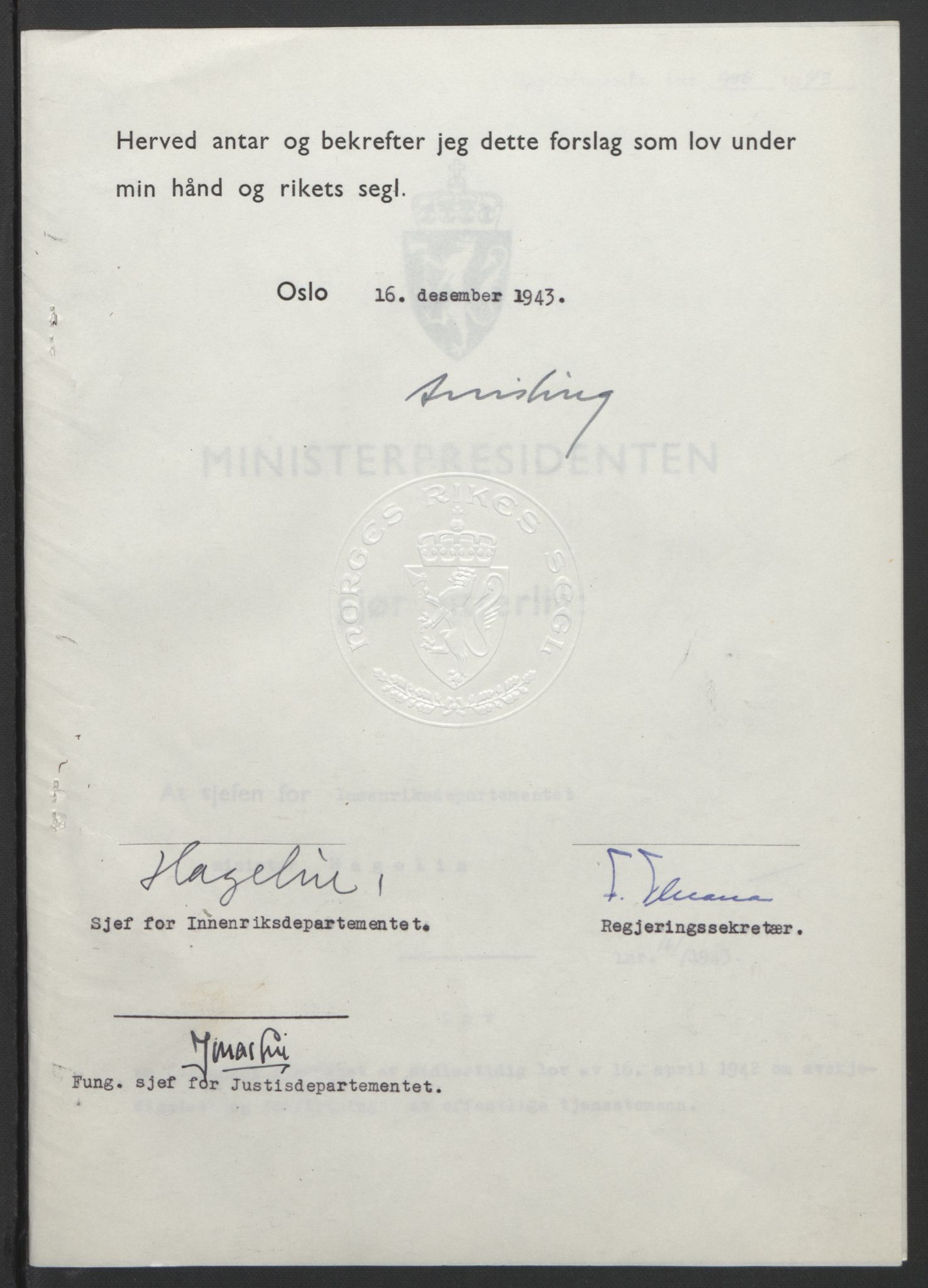 NS-administrasjonen 1940-1945 (Statsrådsekretariatet, de kommisariske statsråder mm), AV/RA-S-4279/D/Db/L0099: Lover, 1943, s. 765