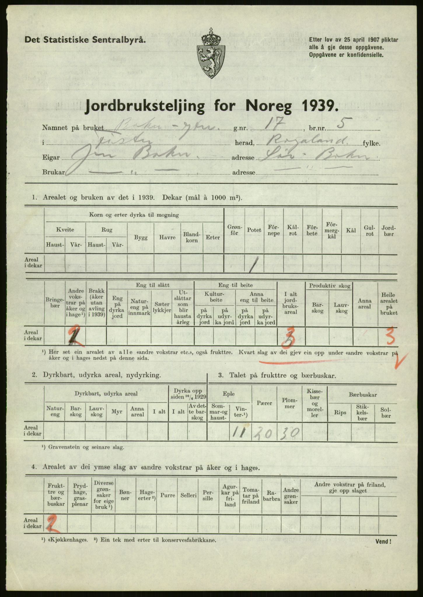 Statistisk sentralbyrå, Næringsøkonomiske emner, Jordbruk, skogbruk, jakt, fiske og fangst, AV/RA-S-2234/G/Gb/L0184: Rogaland: Årdal, Fister og Hjelmeland, 1939, s. 117