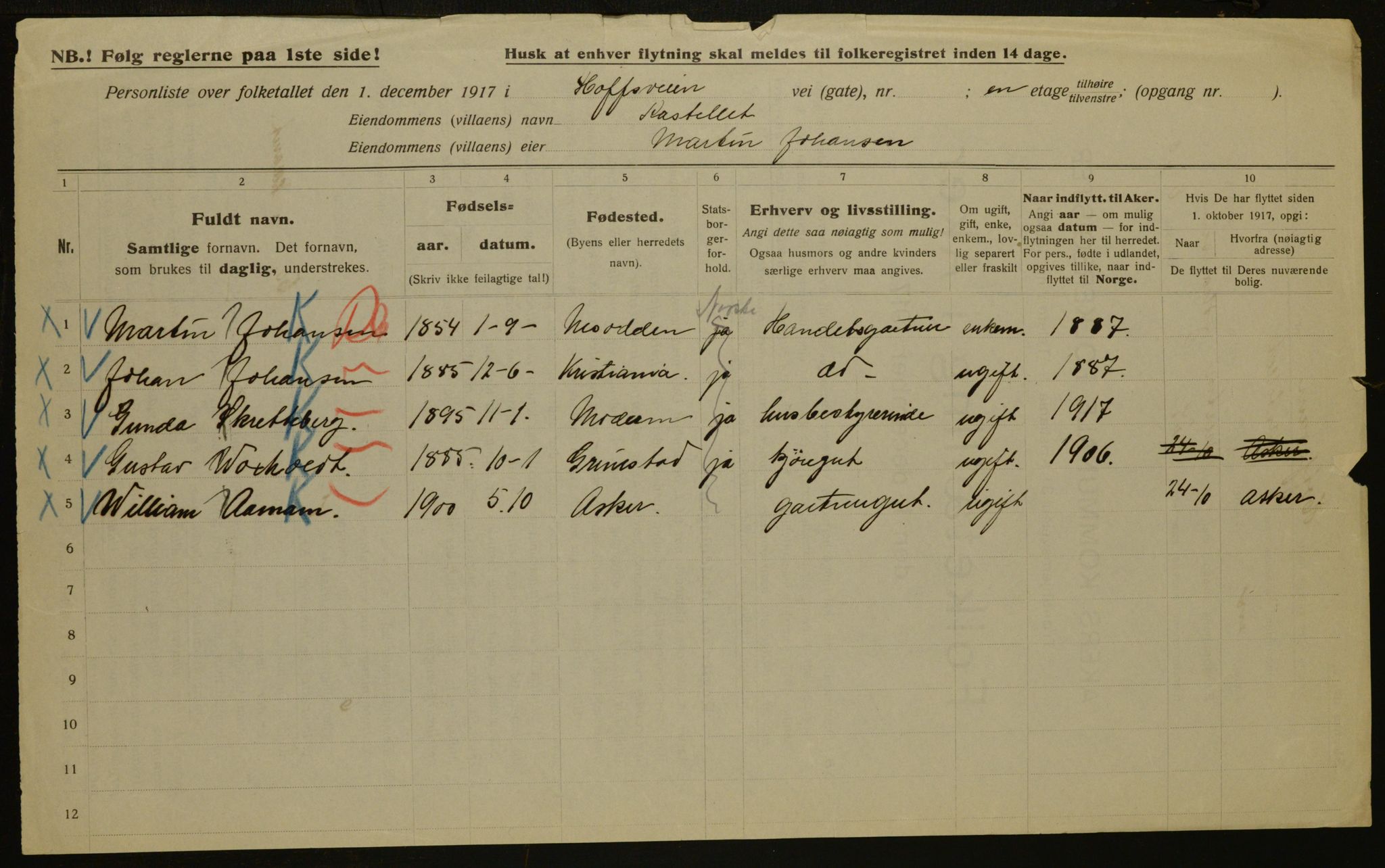 OBA, Kommunal folketelling 1.12.1917 for Aker, 1917, s. 4352