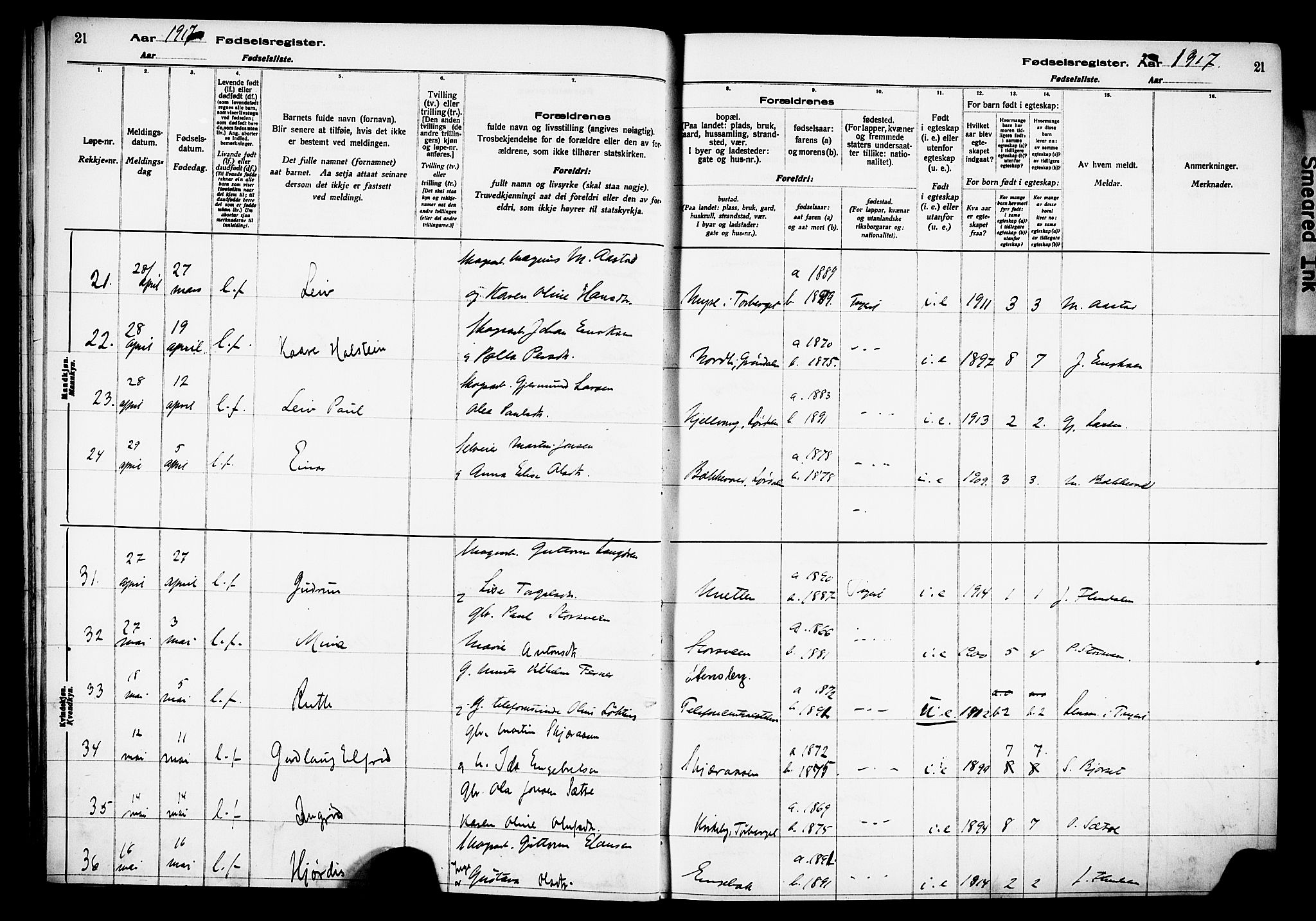 Trysil prestekontor, AV/SAH-PREST-046/I/Id/Ida/L0001: Fødselsregister nr. I 1, 1916-1927, s. 21