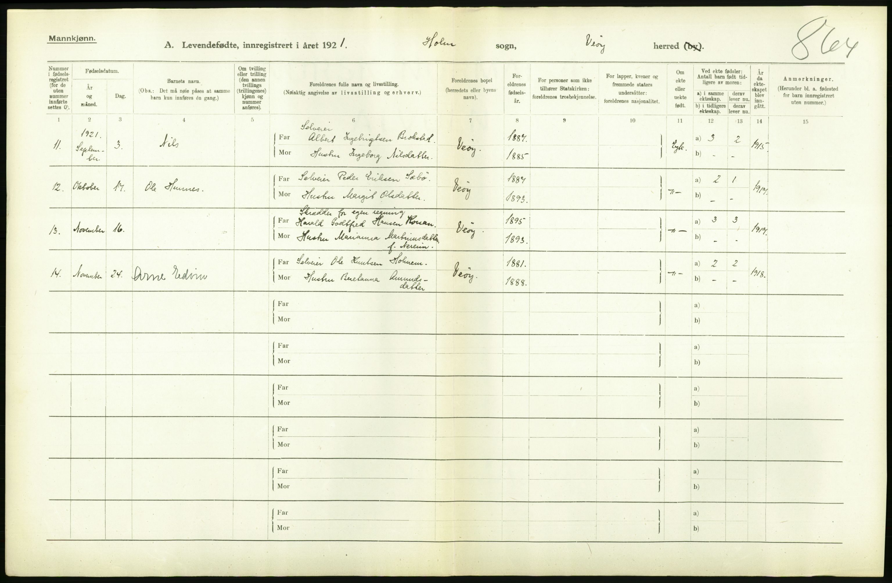 Statistisk sentralbyrå, Sosiodemografiske emner, Befolkning, RA/S-2228/D/Df/Dfc/Dfca/L0040: Møre fylke: Levendefødte menn og kvinner. Bygder., 1921, s. 360