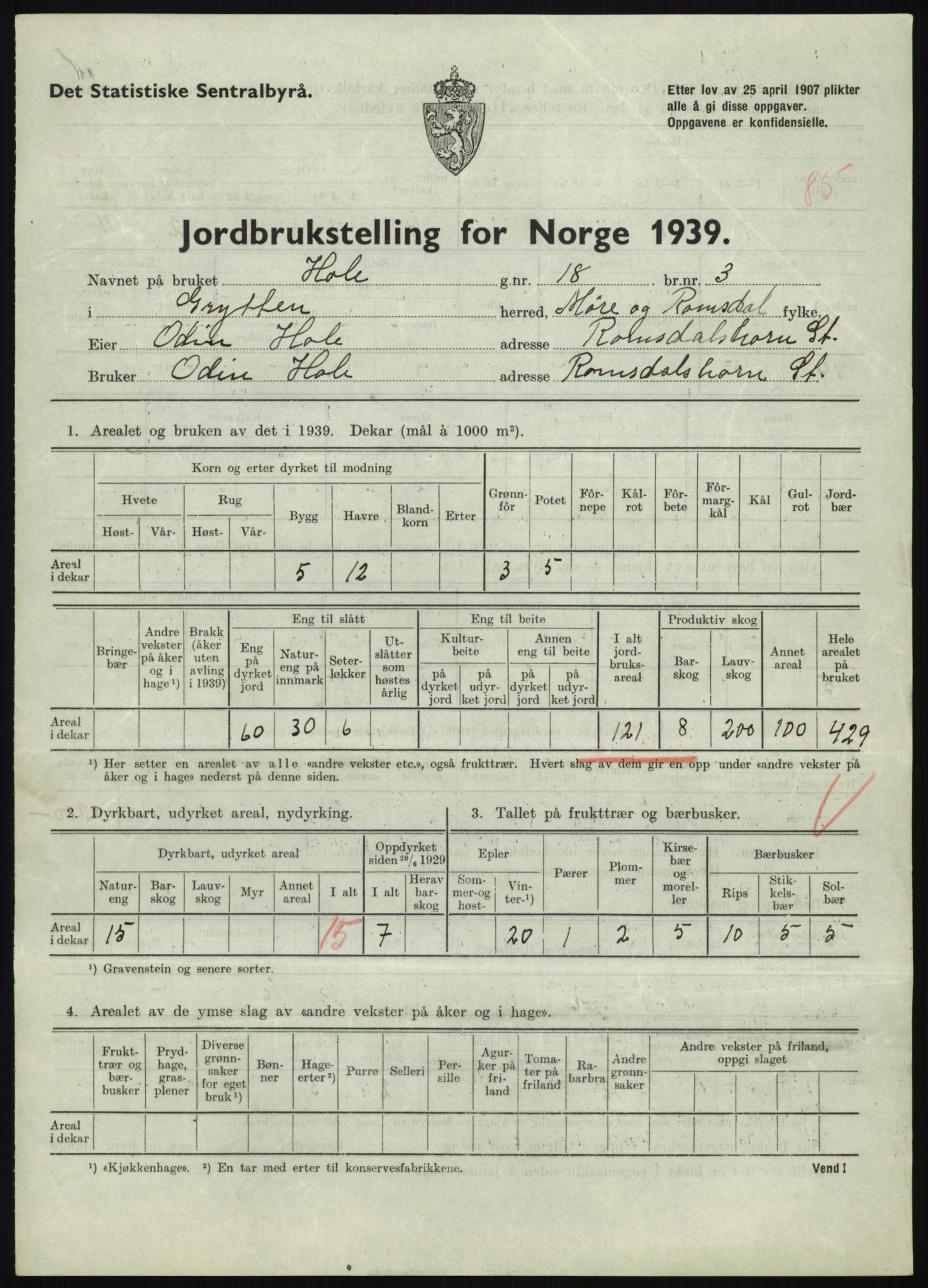 Statistisk sentralbyrå, Næringsøkonomiske emner, Jordbruk, skogbruk, jakt, fiske og fangst, AV/RA-S-2234/G/Gb/L0251: Møre og Romsdal: Voll, Eid, Grytten og Hen, 1939, s. 877