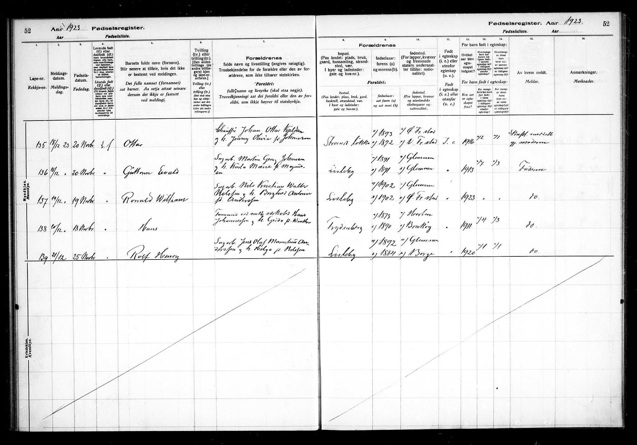 Glemmen prestekontor Kirkebøker, AV/SAO-A-10908/J/Ja/L0002: Fødselsregister nr. I 2, 1922-1929, s. 52