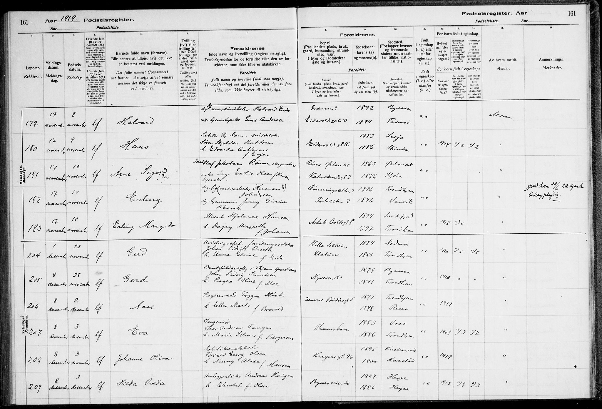 Ministerialprotokoller, klokkerbøker og fødselsregistre - Sør-Trøndelag, SAT/A-1456/600/L0002: Fødselsregister nr. 600.II.4.1, 1916-1920, s. 161