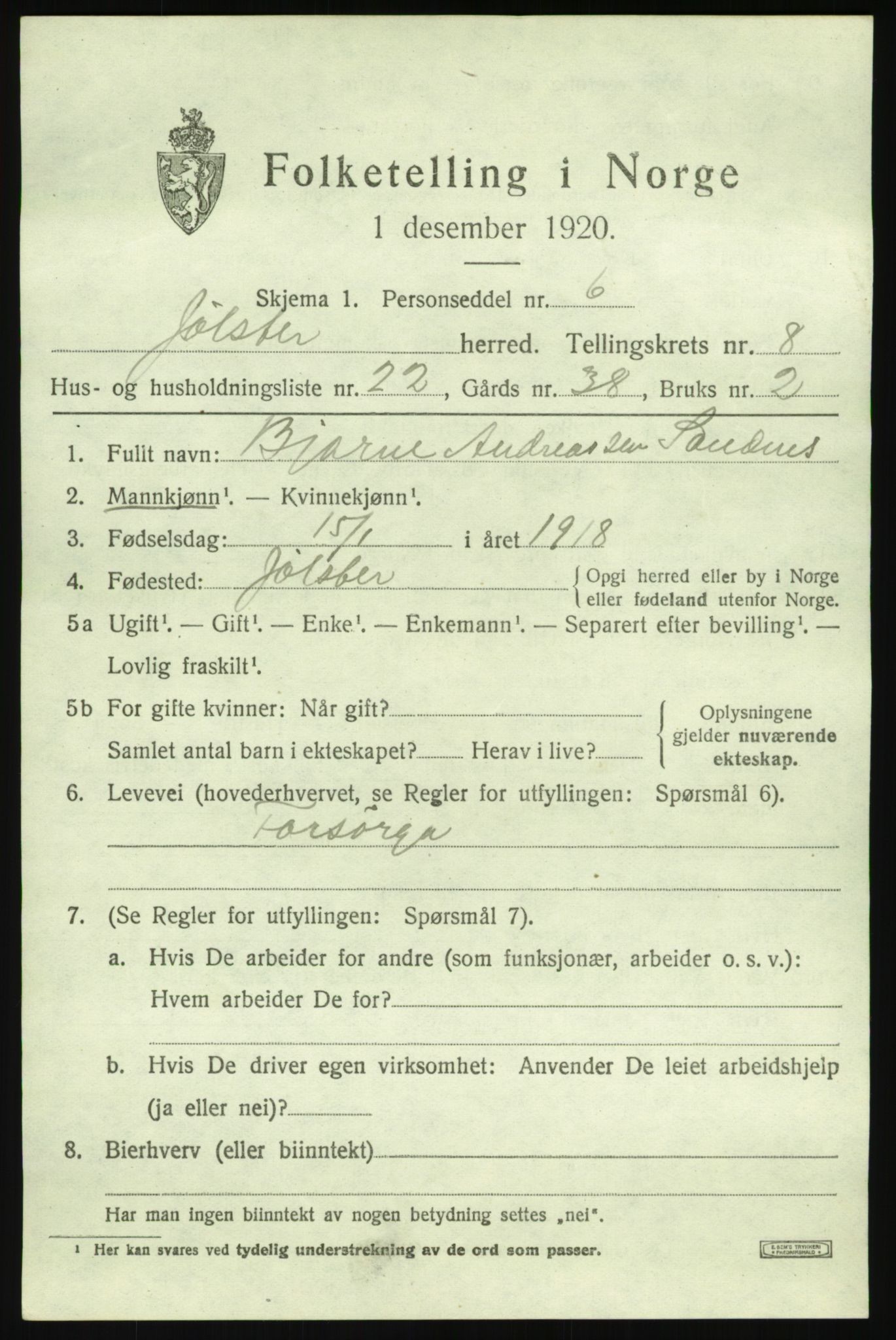 SAB, Folketelling 1920 for 1431 Jølster herred, 1920, s. 4304