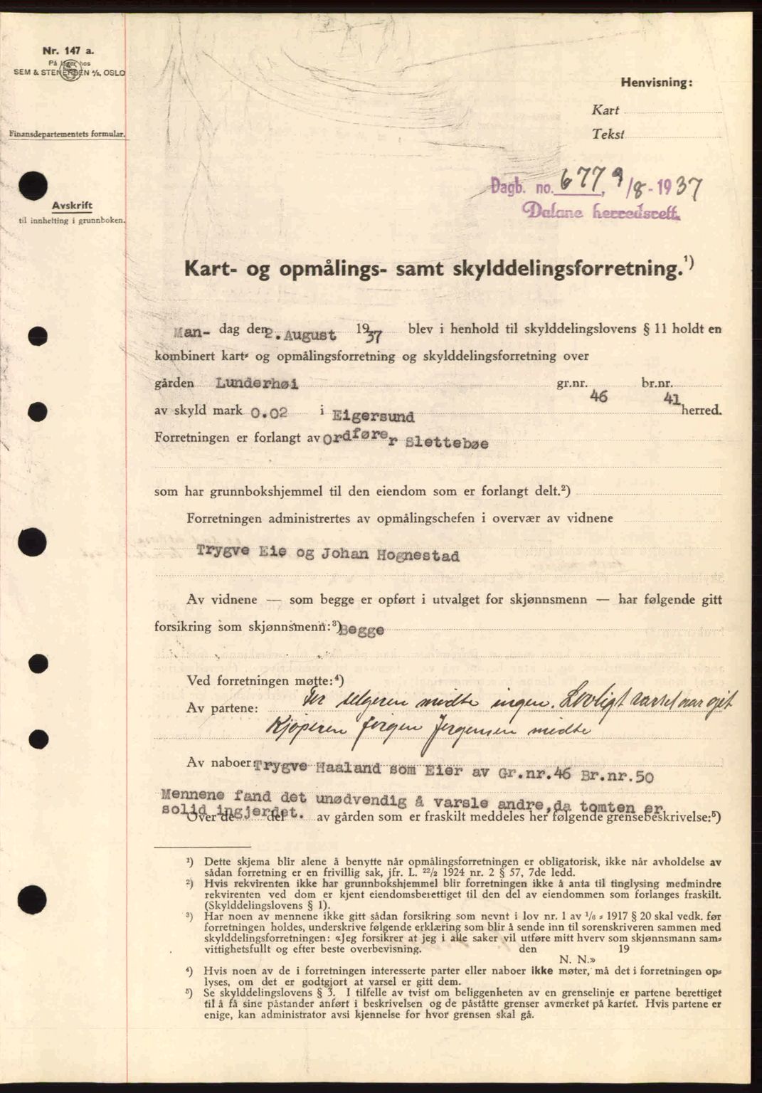 Dalane sorenskriveri, SAST/A-100309/02/G/Gb/L0041: Pantebok nr. A2, 1936-1937, Dagboknr: 677/1937
