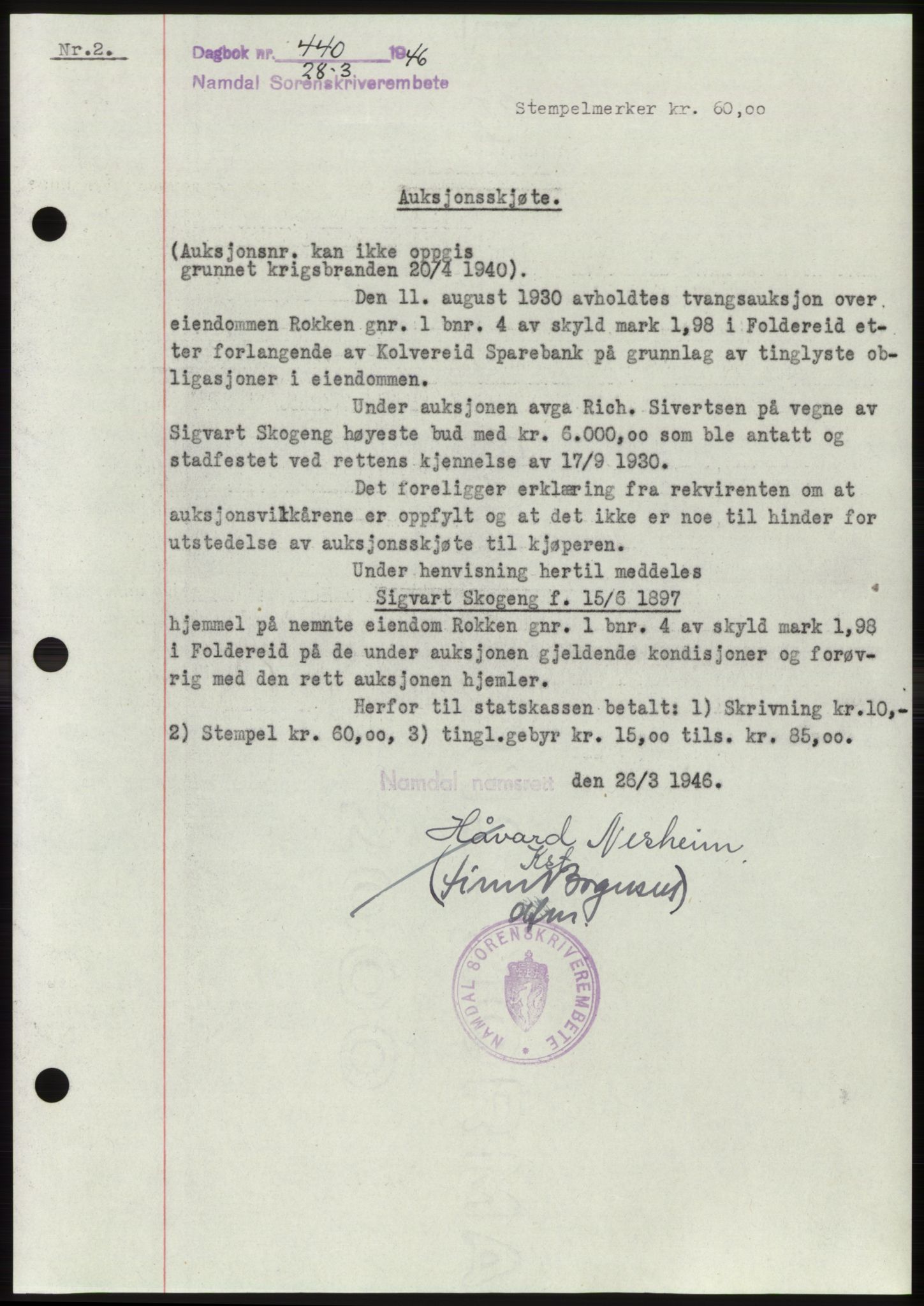 Namdal sorenskriveri, SAT/A-4133/1/2/2C: Pantebok nr. -, 1946-1946, Dagboknr: 440/1946