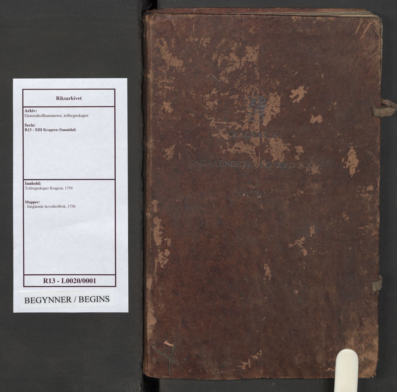 Generaltollkammeret, tollregnskaper, AV/RA-EA-5490/R13/L0020/0001: Tollregnskaper Kragerø / Inngående hovedtollbok, 1756