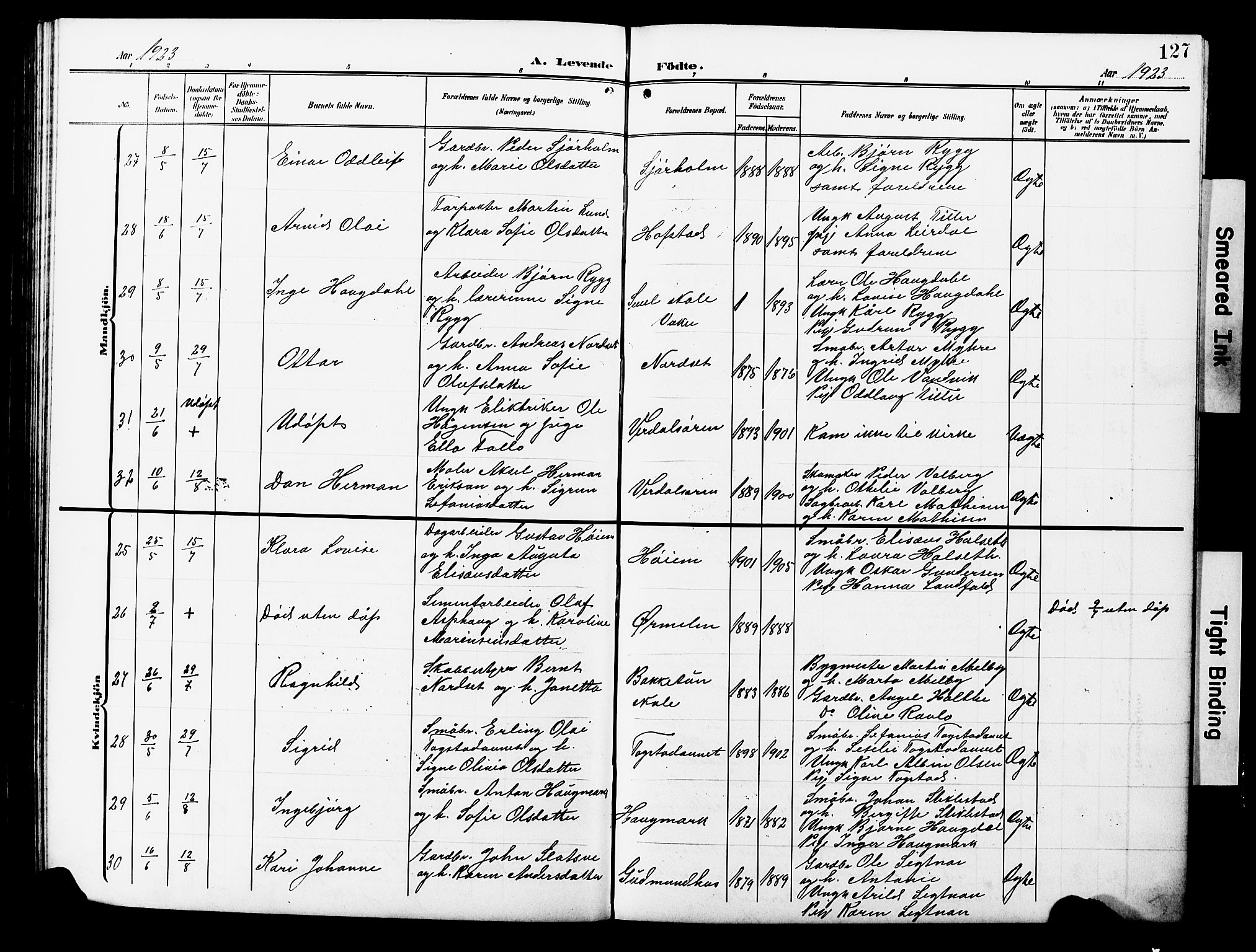 Ministerialprotokoller, klokkerbøker og fødselsregistre - Nord-Trøndelag, AV/SAT-A-1458/723/L0258: Klokkerbok nr. 723C06, 1908-1927, s. 127