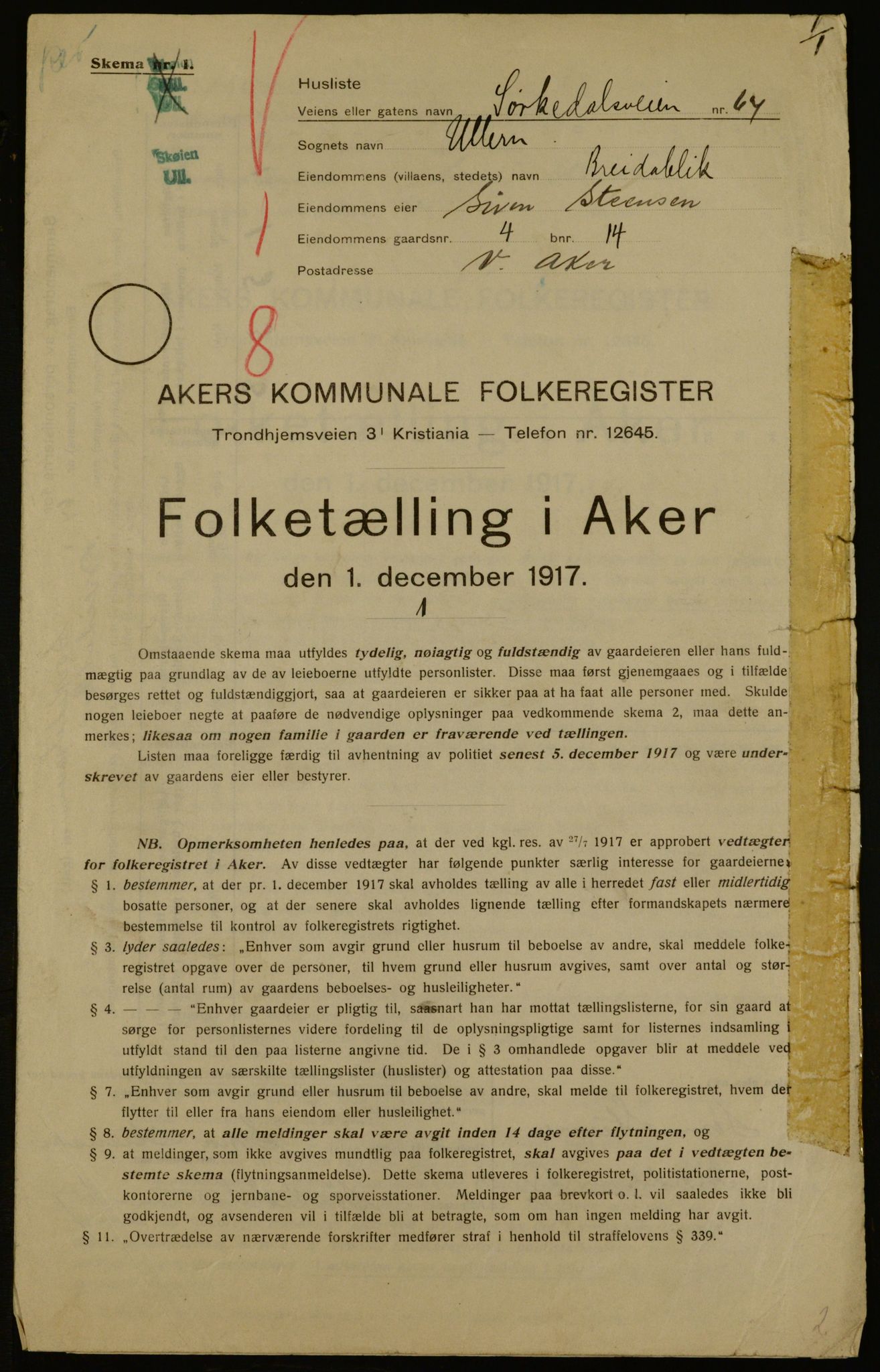 OBA, Kommunal folketelling 1.12.1917 for Aker, 1917, s. 2