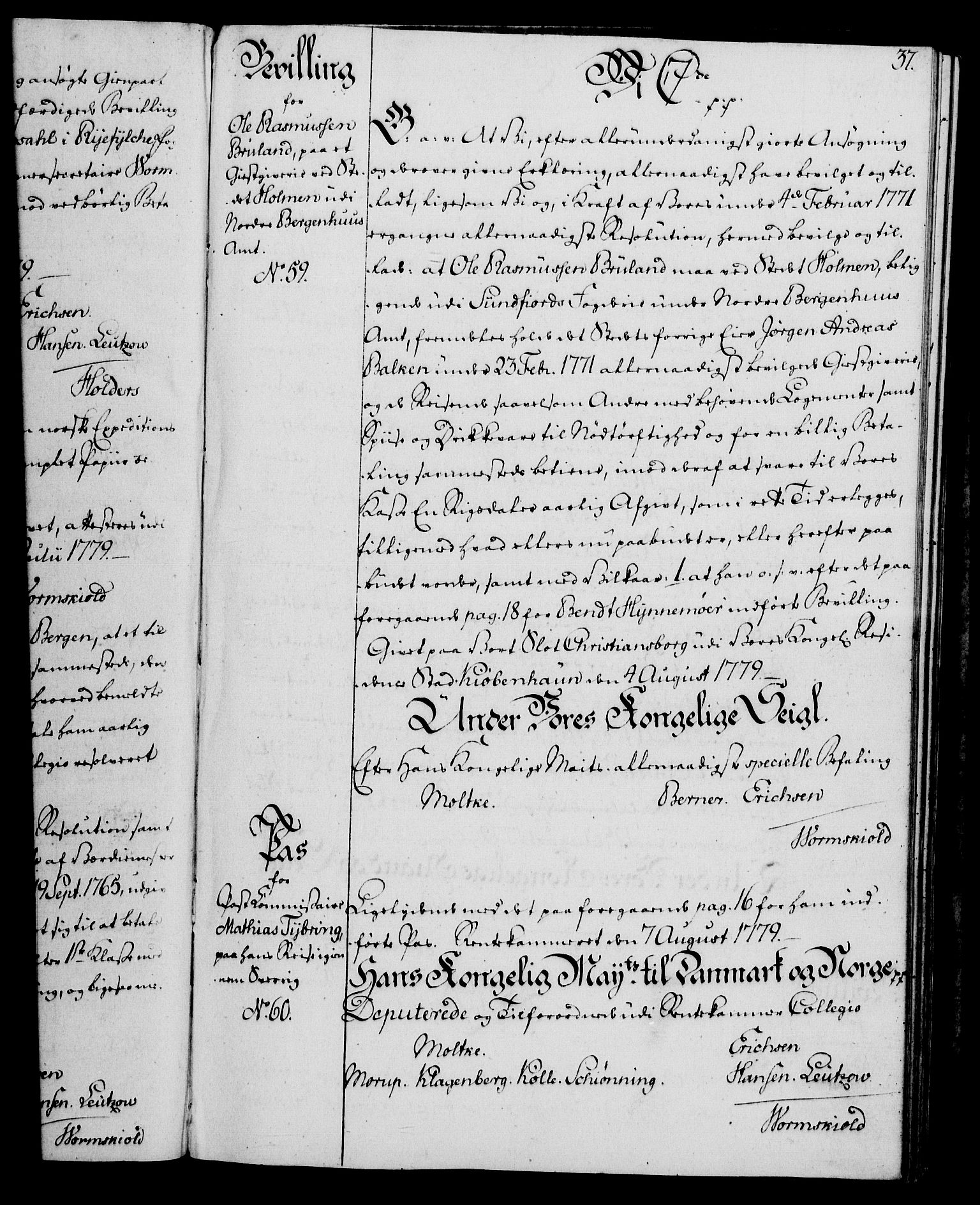 Rentekammeret, Kammerkanselliet, AV/RA-EA-3111/G/Gg/Gga/L0011: Norsk ekspedisjonsprotokoll med register (merket RK 53.11), 1779-1781, s. 37