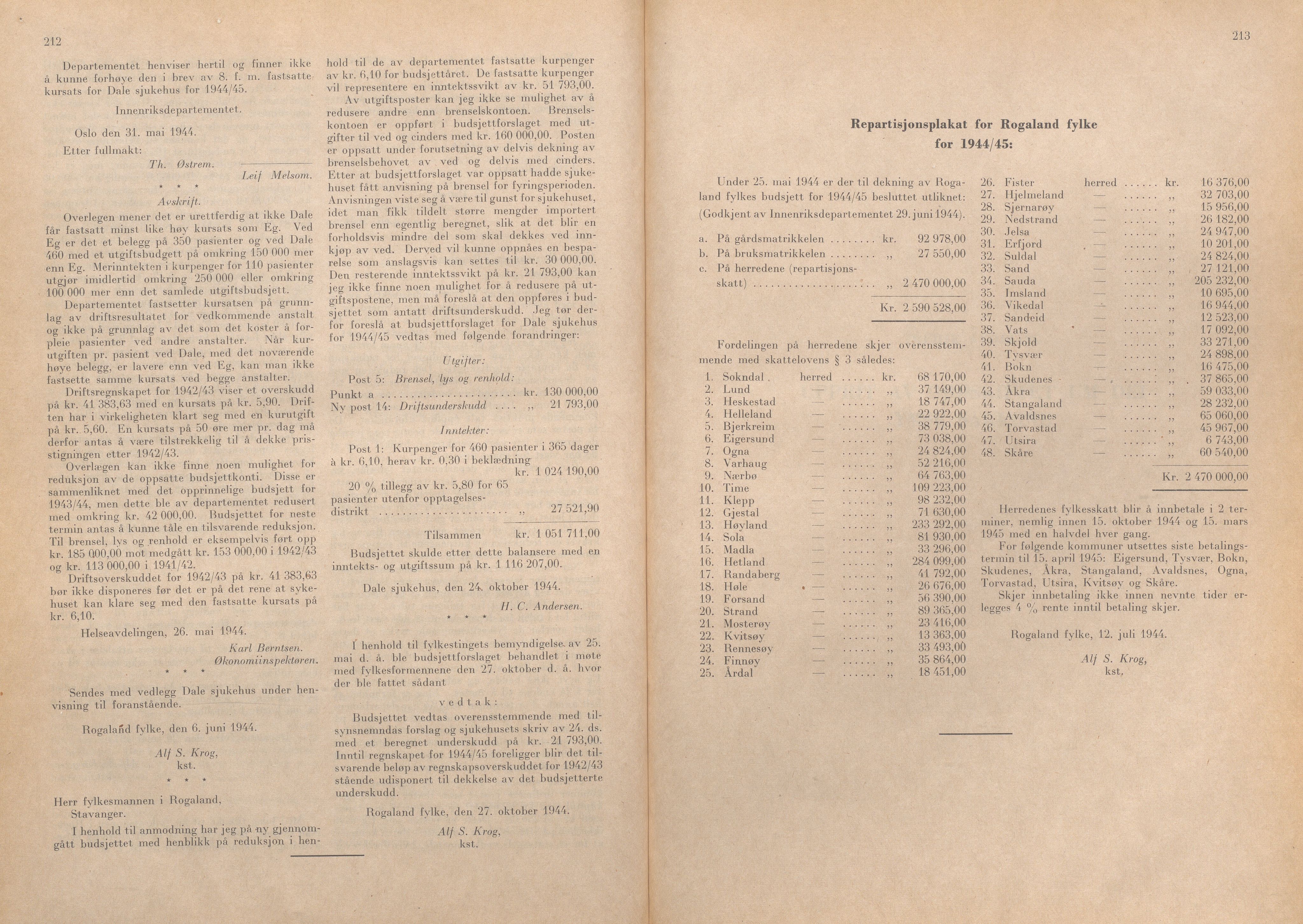 Rogaland fylkeskommune - Fylkesrådmannen , IKAR/A-900/A/Aa/Aaa/L0063: Møtebok , 1944, s. 212-213