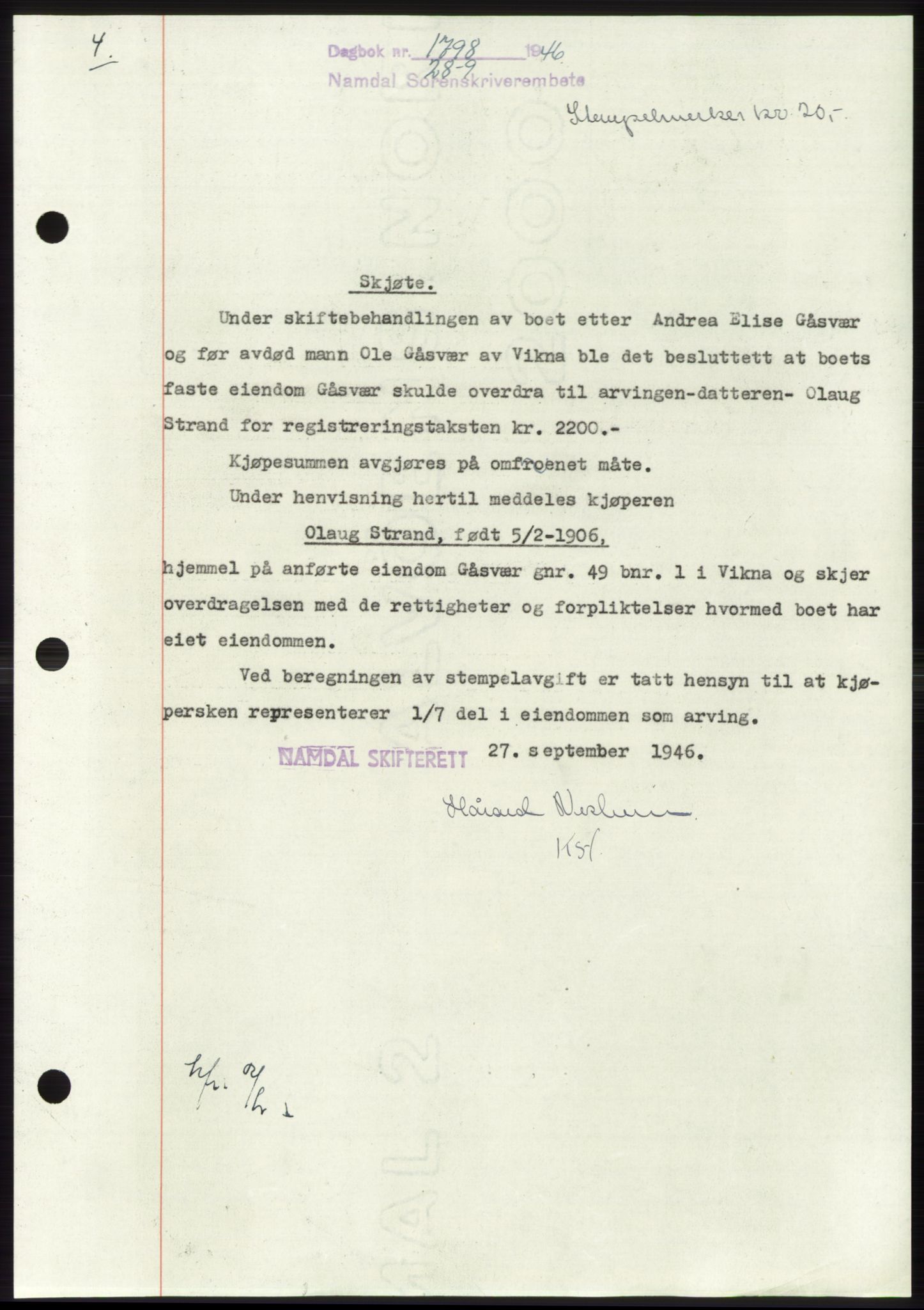 Namdal sorenskriveri, SAT/A-4133/1/2/2C: Pantebok nr. -, 1946-1947, Dagboknr: 1798/1946