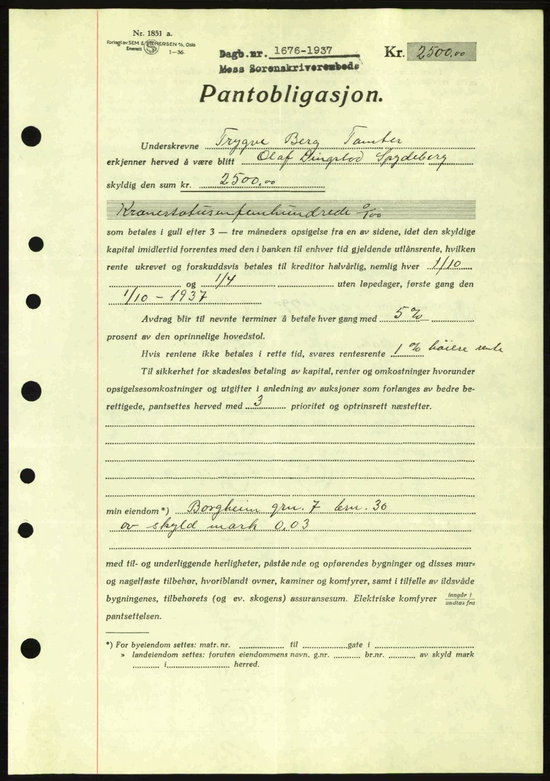 Moss sorenskriveri, SAO/A-10168: Pantebok nr. B4, 1937-1938, Dagboknr: 1676/1937