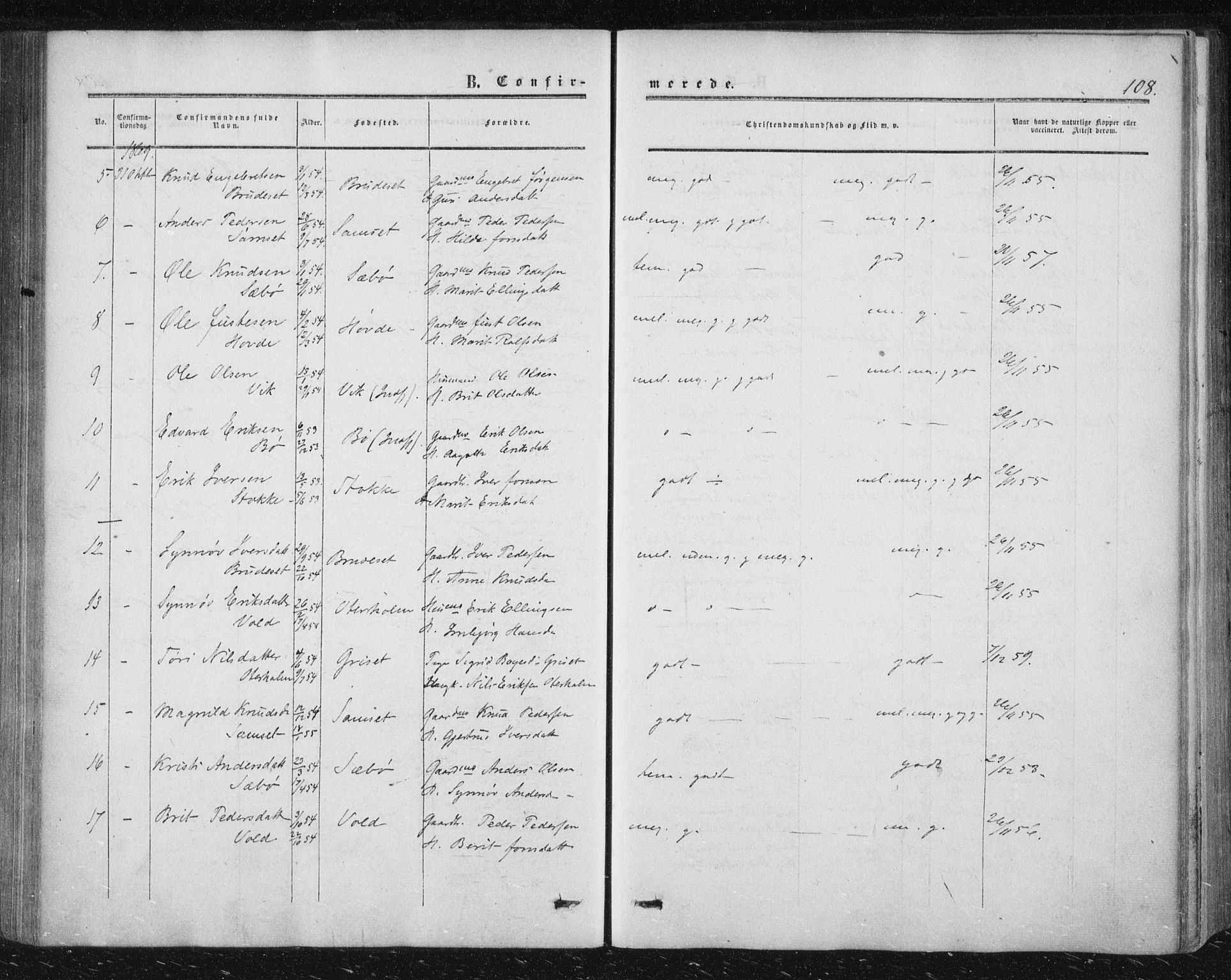 Ministerialprotokoller, klokkerbøker og fødselsregistre - Møre og Romsdal, AV/SAT-A-1454/543/L0562: Ministerialbok nr. 543A02, 1854-1884, s. 108