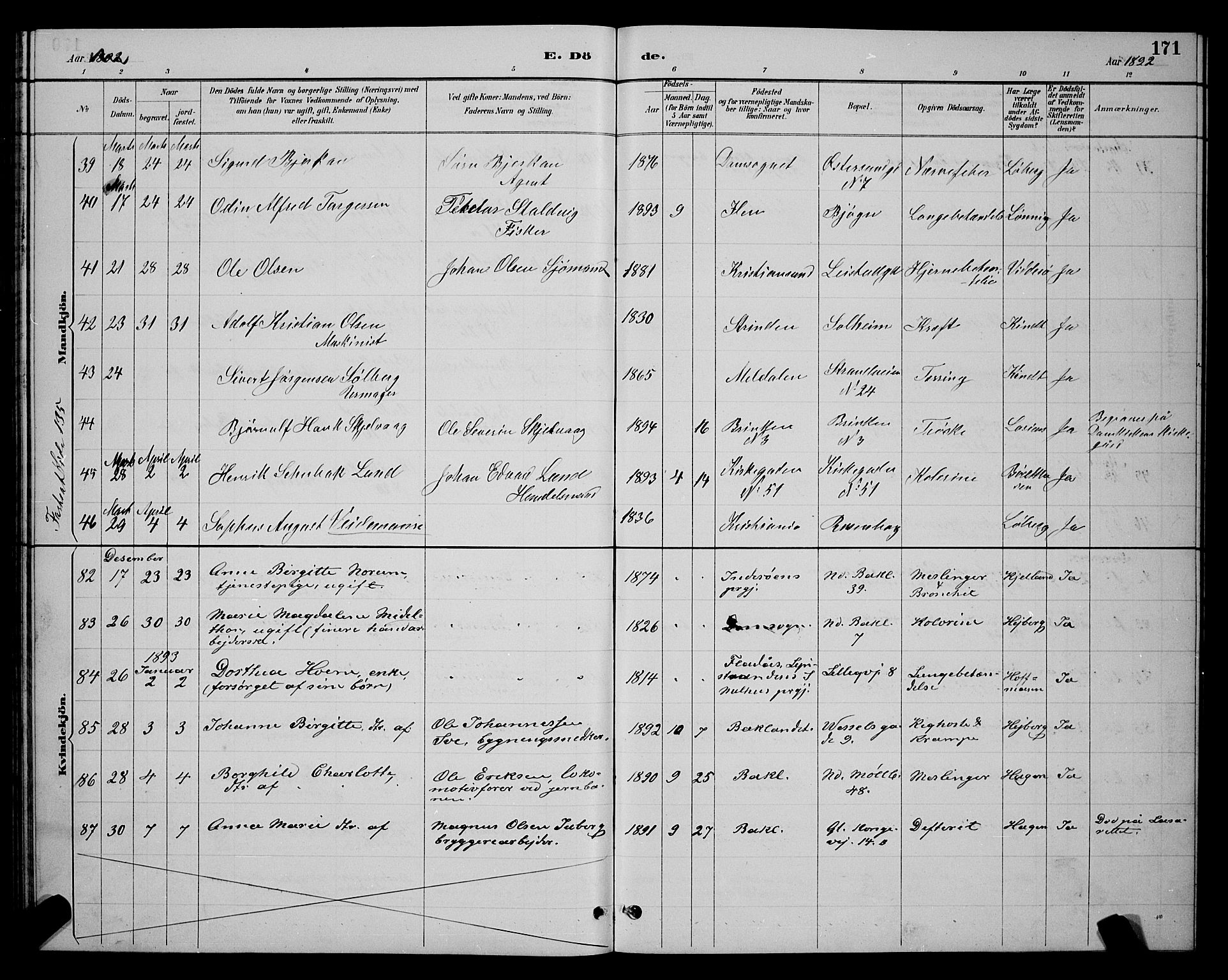 Ministerialprotokoller, klokkerbøker og fødselsregistre - Sør-Trøndelag, SAT/A-1456/604/L0223: Klokkerbok nr. 604C06, 1886-1897, s. 171