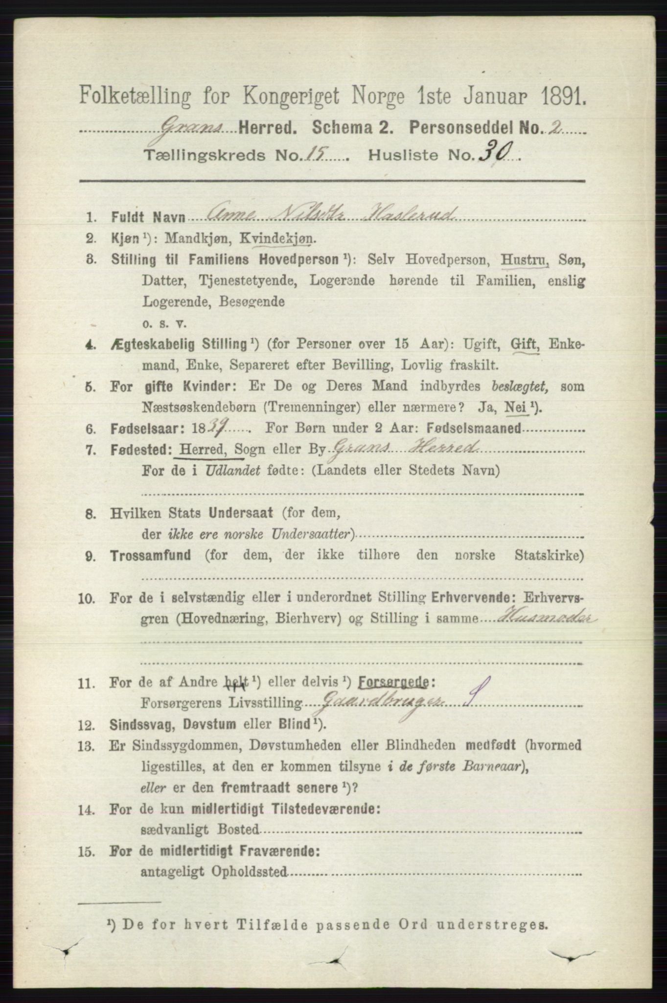 RA, Folketelling 1891 for 0534 Gran herred, 1891, s. 7763