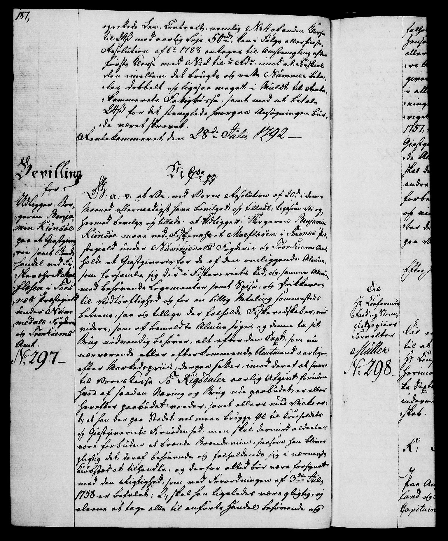 Rentekammeret, Kammerkanselliet, AV/RA-EA-3111/G/Gg/Gga/L0015: Norsk ekspedisjonsprotokoll med register (merket RK 53.15), 1790-1791, s. 187