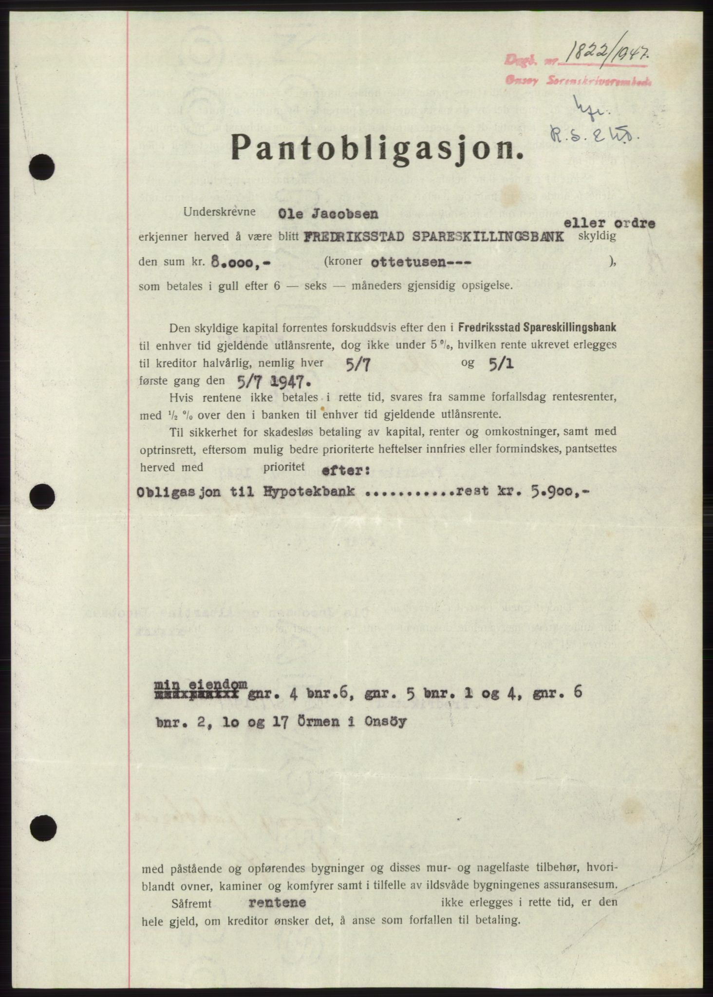 Onsøy sorenskriveri, SAO/A-10474/G/Ga/Gac/L0006: Pantebok nr. B 12-6, 1947-1948, Dagboknr: 1822/1947