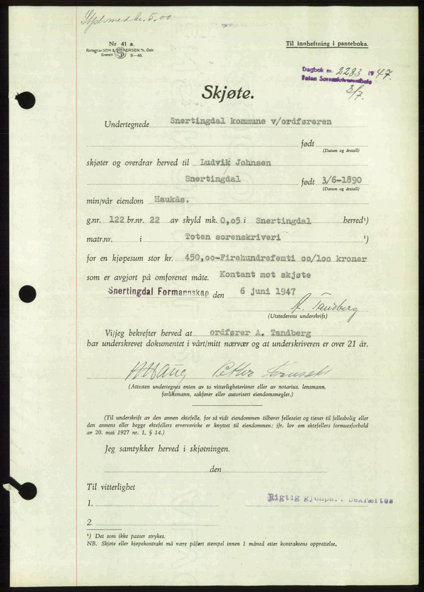 Toten tingrett, AV/SAH-TING-006/H/Hb/Hbc/L0017: Pantebok nr. Hbc-17, 1947-1947, Dagboknr: 2283/1947