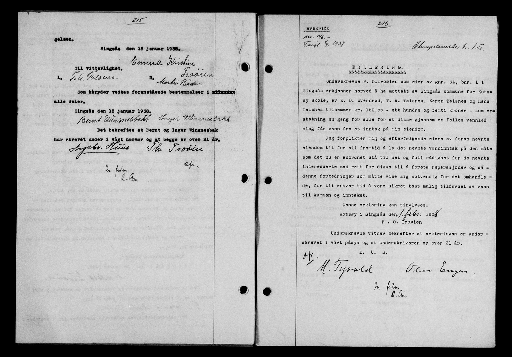 Gauldal sorenskriveri, SAT/A-0014/1/2/2C/L0048: Pantebok nr. 51-52, 1937-1938, s. 215-216, Dagboknr: 146/1938