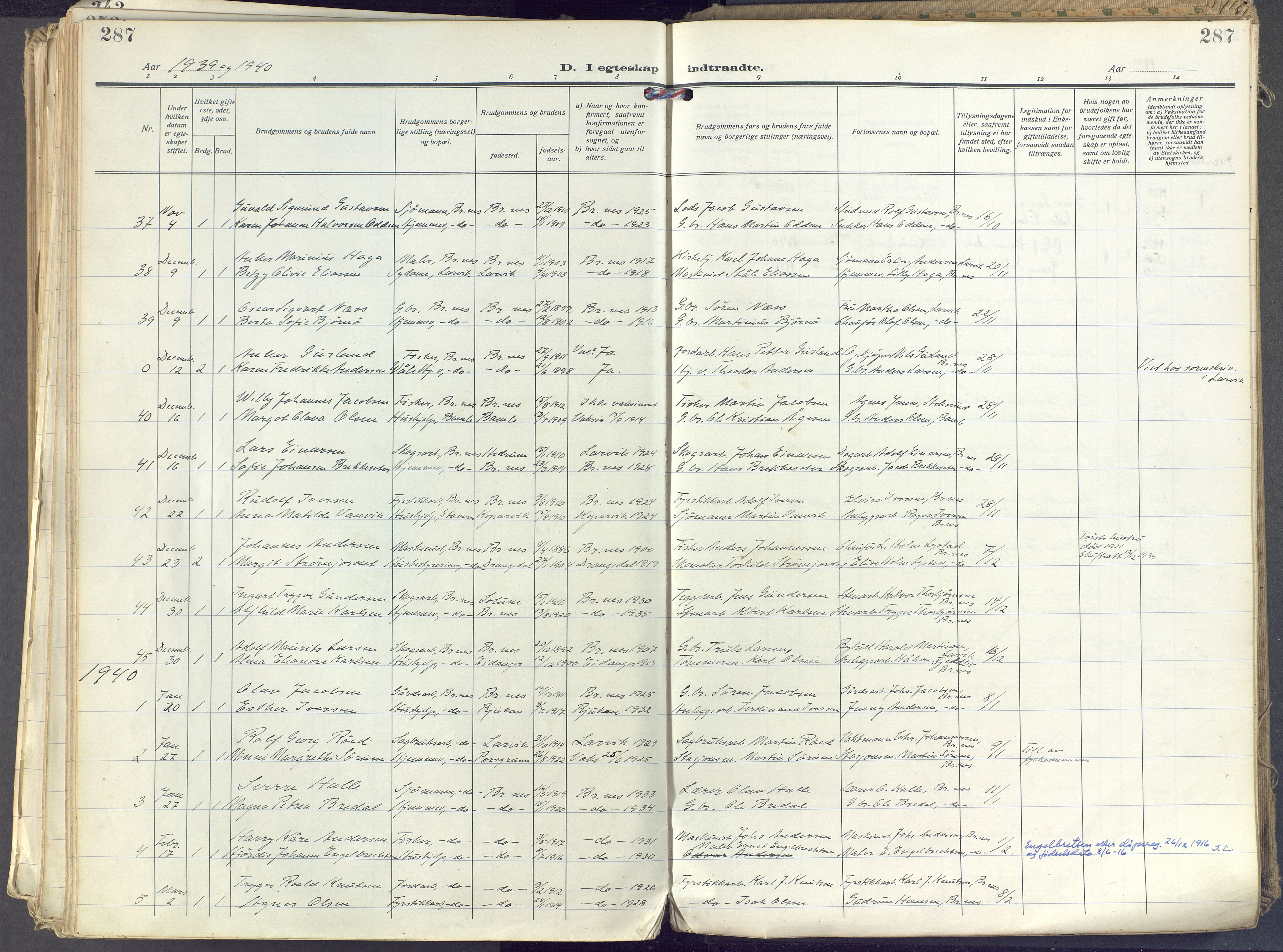 Brunlanes kirkebøker, SAKO/A-342/F/Fc/L0004: Ministerialbok nr. III 4, 1923-1943, s. 287