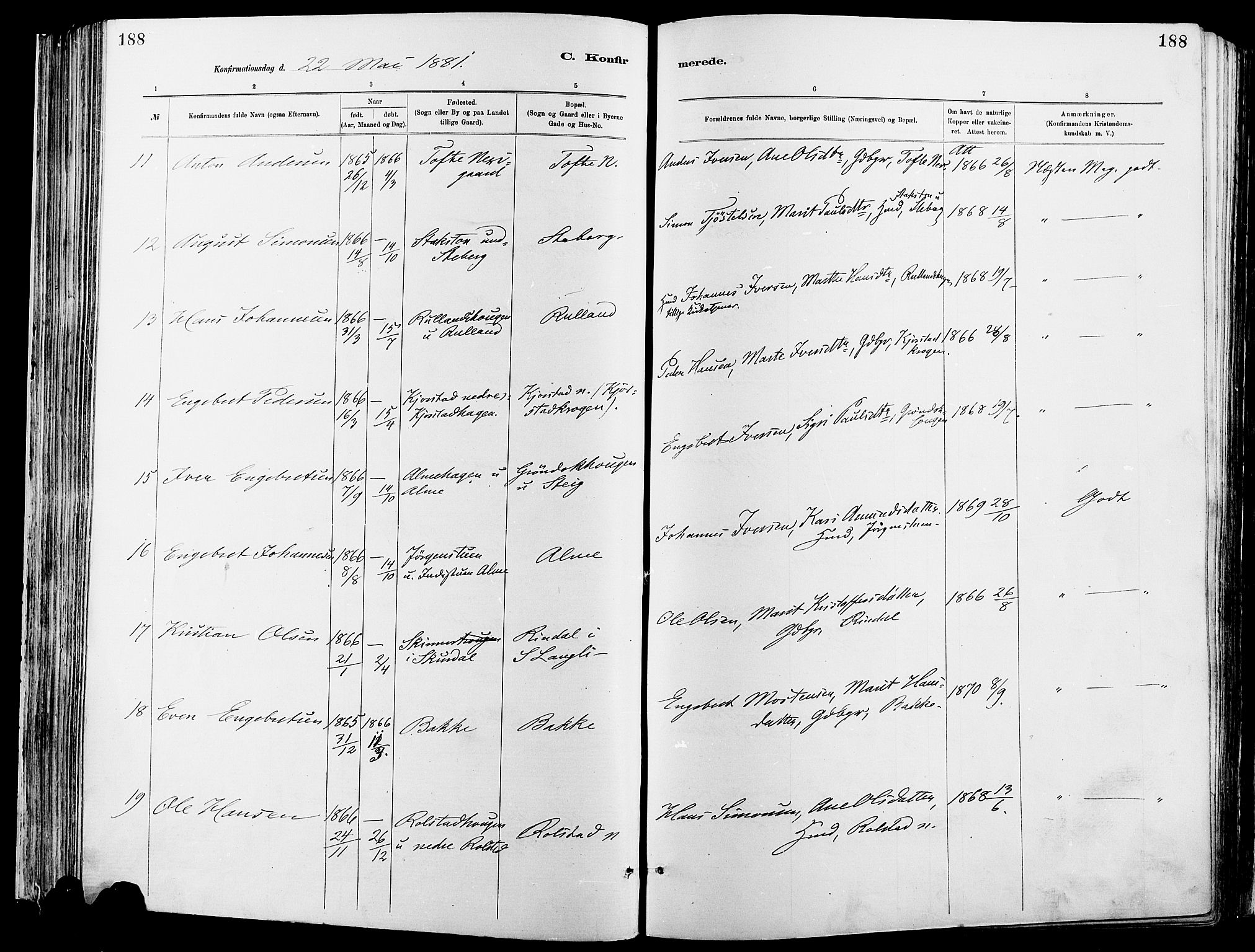 Sør-Fron prestekontor, SAH/PREST-010/H/Ha/Haa/L0003: Ministerialbok nr. 3, 1881-1897, s. 188