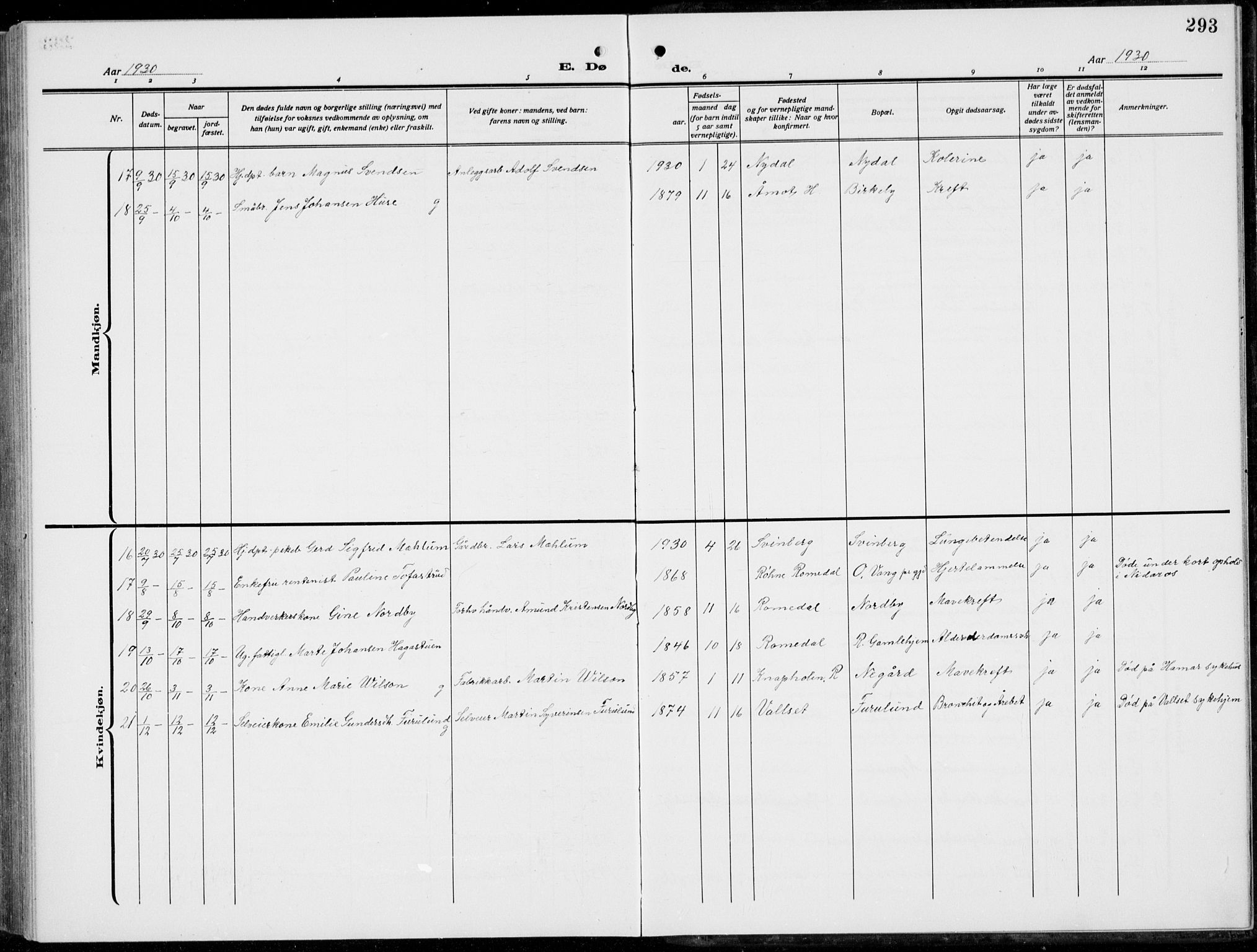 Romedal prestekontor, AV/SAH-PREST-004/L/L0014: Klokkerbok nr. 14, 1915-1939, s. 293