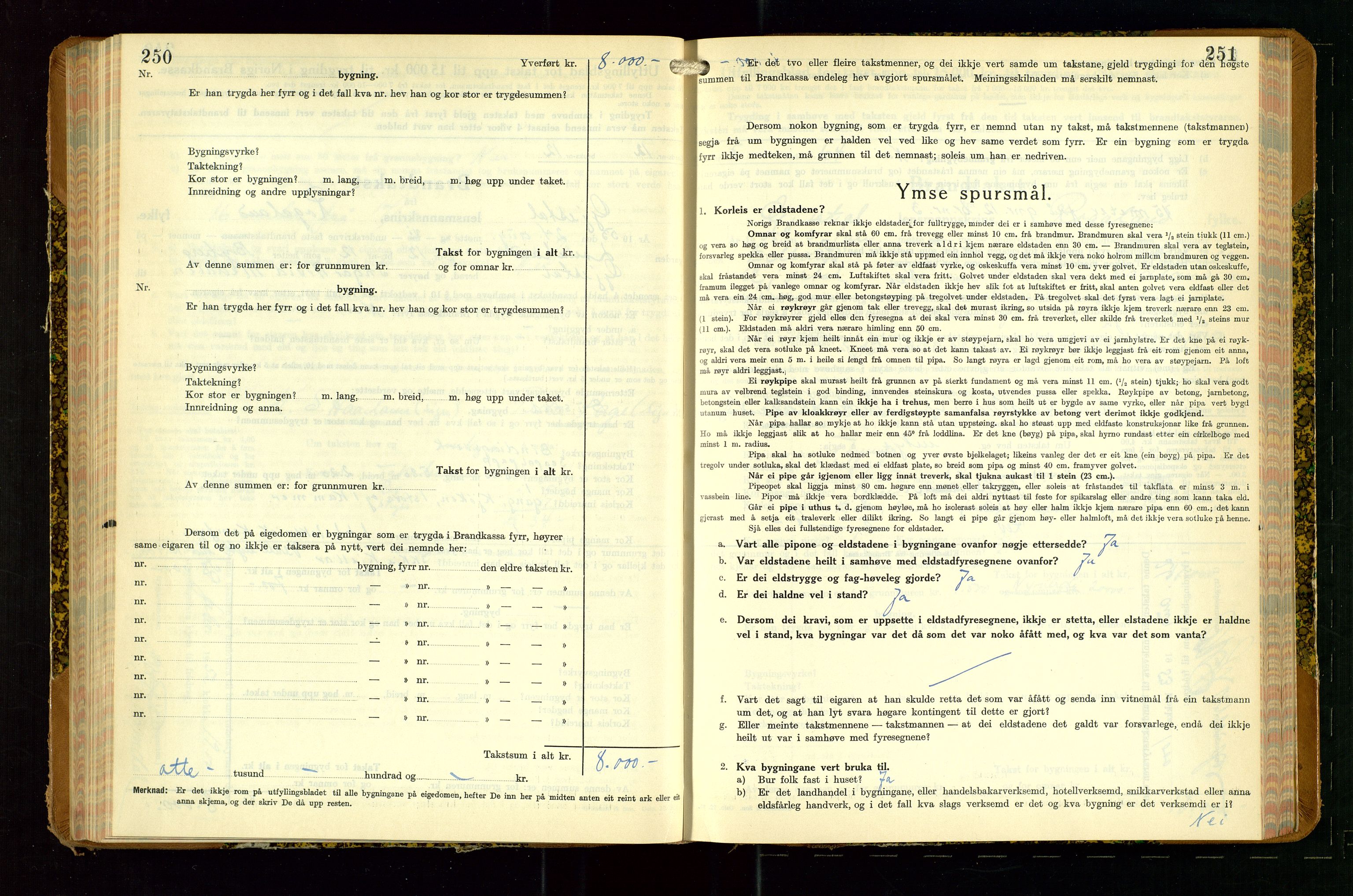 Gjesdal lensmannskontor, SAST/A-100441/Go/L0008: Branntakstskjemaprotokoll, 1937-1955, s. 250-251