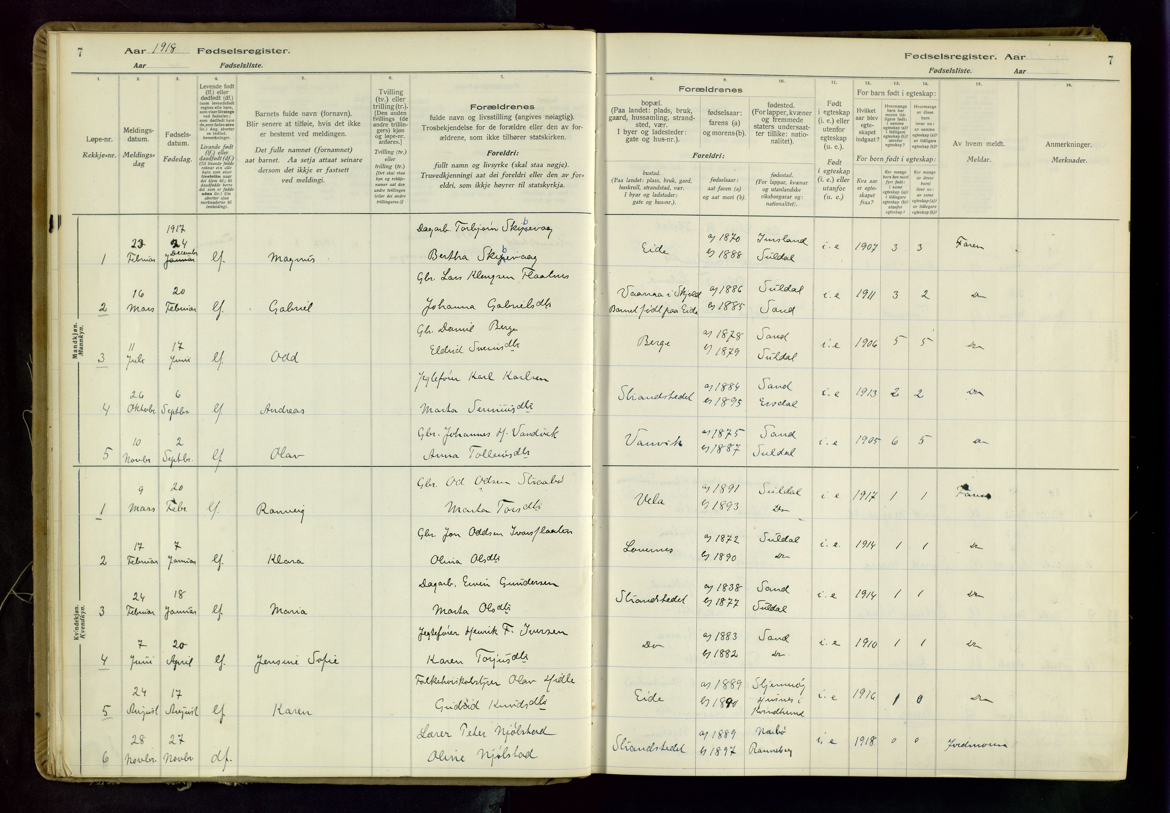 Suldal sokneprestkontor, SAST/A-101845/03/A/L0001: Fødselsregister nr. 1, 1916-1982, s. 7